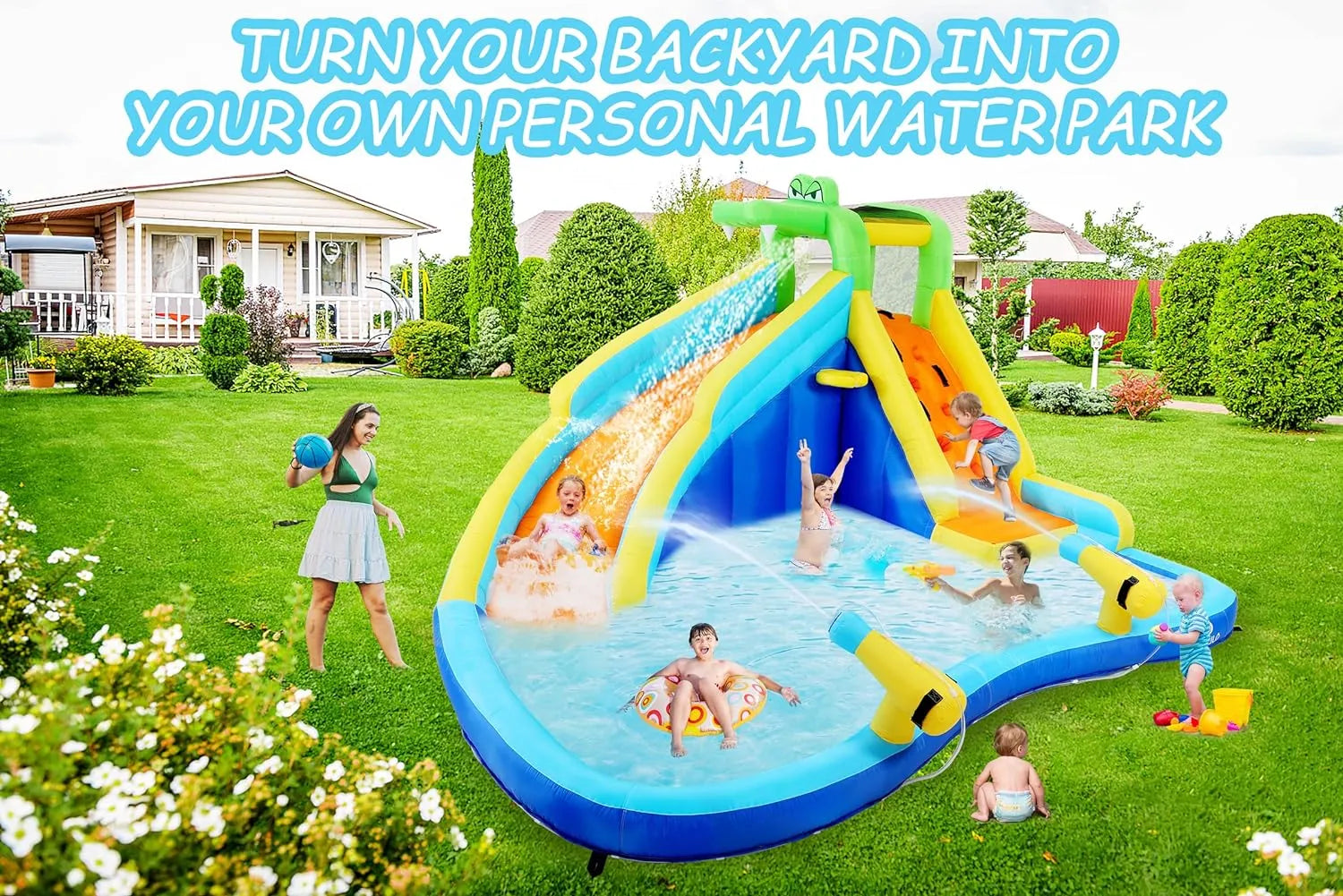 Aufblasbare Wasserrutschen für Kinder, 8-in-1-Hüpfburg-Wasserpark mit 450-W-Gebläse, Kletterwand, Planschbecken, 2 Wasserkanonen, Basketballkorb, Wasserrutsche, Krokodilsprinkler als Geschenk für eine Gartenparty