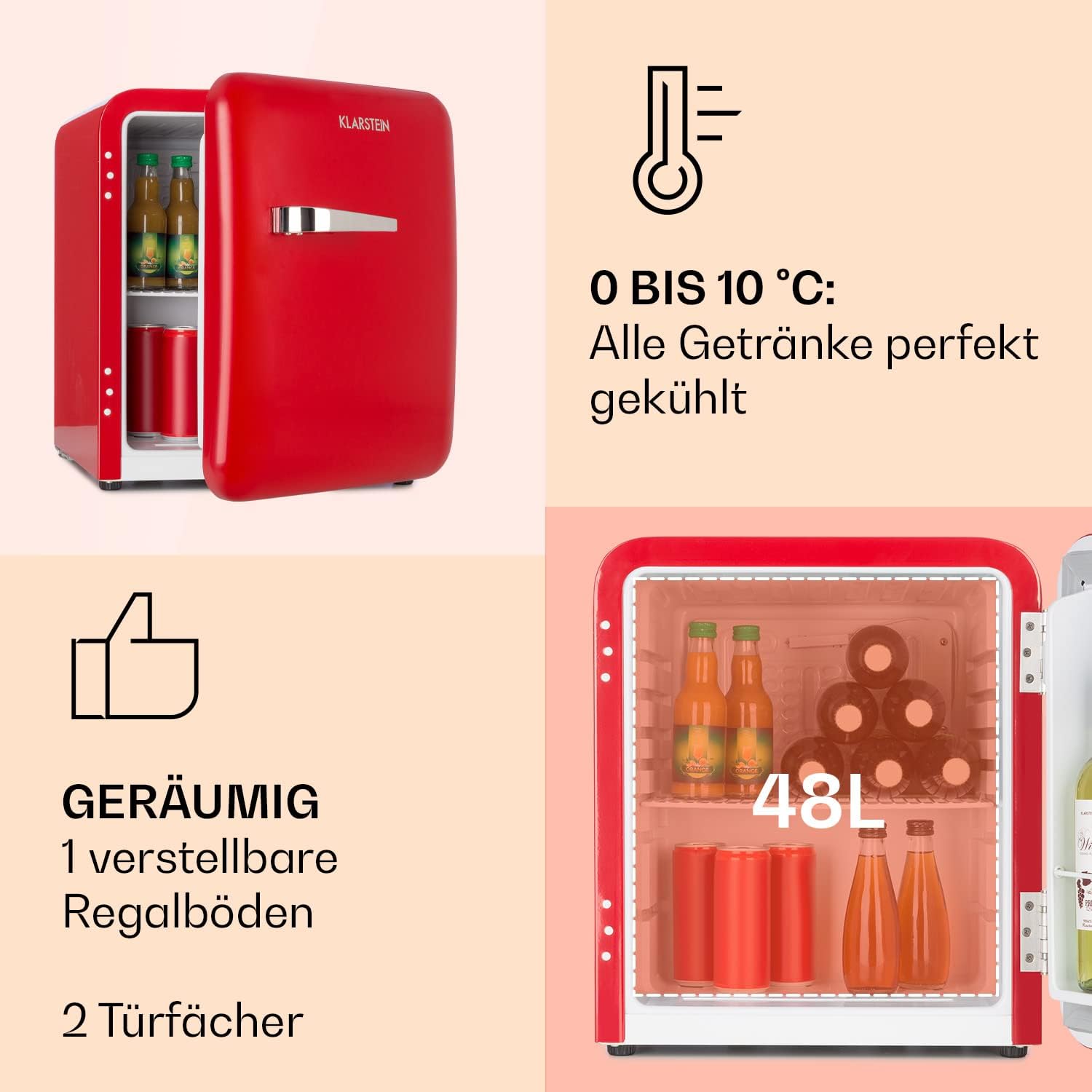 Klarstein Audrey Mini - kleiner Kühlschrank, kompakte Mini-Bar, freistehend, Kompressionskühlung, Fassungsvermögen, Kühlung: 0-10 °C, Mini-Kühlschrank mit 70 Liter Fassungsvermögen, rot