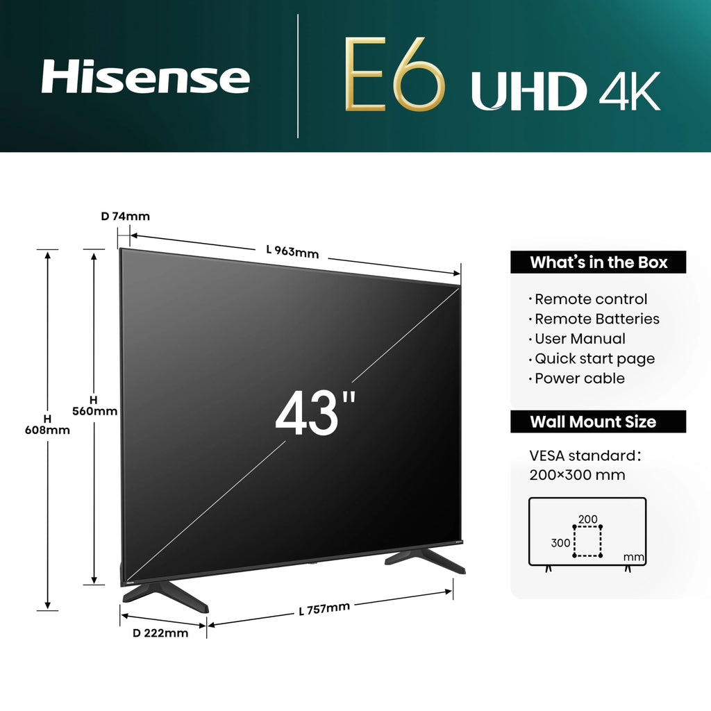 Hisense 43E6NT 108cm (43 Zoll) Fernseher, 4K UHD Smart TV, Precision Colour, HDR, Dolby Vision, 60Hz, Triple Tuner DVB-C/S/S2/T/T2, WiFi, HDMI 2.1, Bluetooth, Alexa Built-in, Schwarz, [2024]