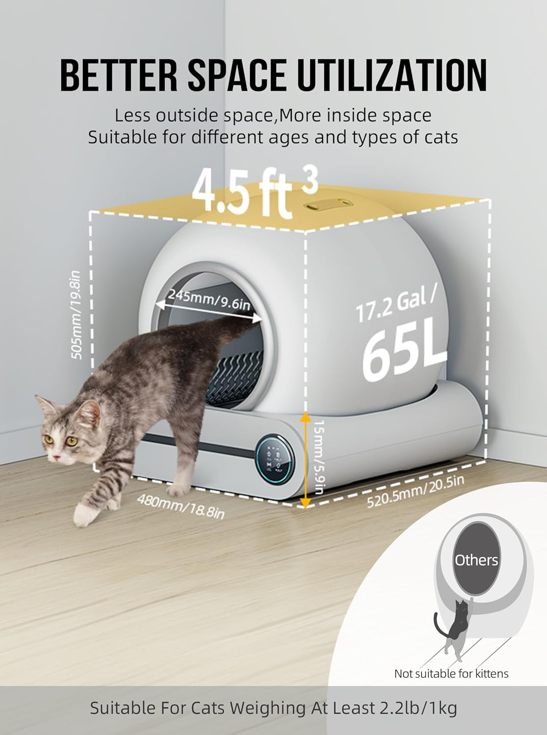Selbstreinigende Katzentoilette, Automatische Katzentoilette mit Matte und Einlagen, 65 l + 9 l große Kapazität, Selbstreinigende Katzentoilette, App-Steuerung/Geeignet für mehrere Katzen – Grau
