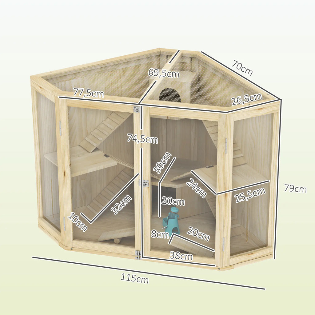 PawHut Hamsterkäfig Holz 4 Ebenen mit Zubehör und Sichtfenster