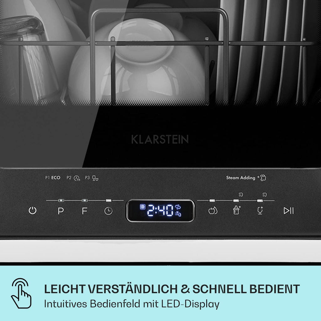 Klarstein  ia Mini Geschirrspüler, Spülmaschine mit Platz für 2 Maßgedecke, 6 Programme, 5 L Wasser benötigt, LED-Display, Touch, Tischgeschirrspüler inkl. Zubehör, schwarz