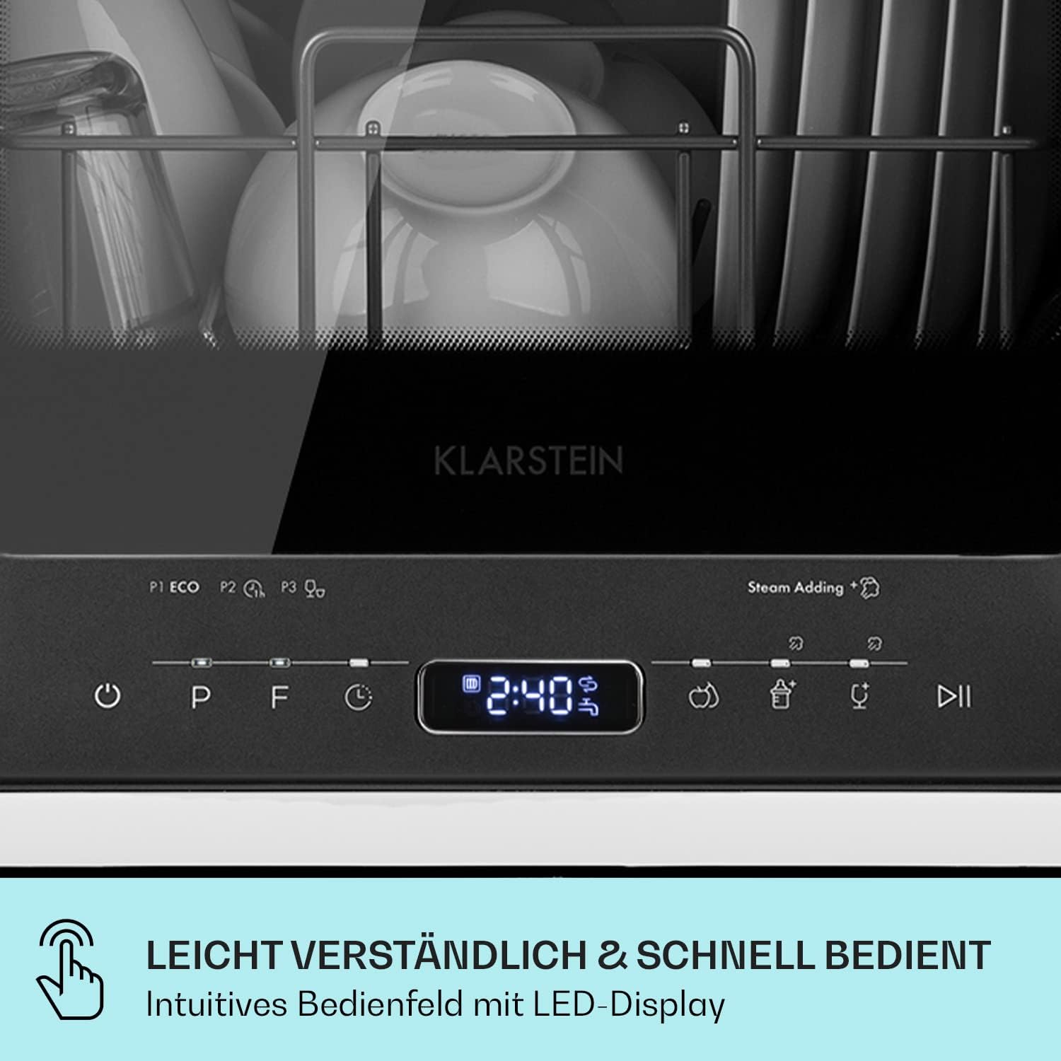 Klarstein  ia Mini Geschirrspüler, Spülmaschine mit Platz für 2 Maßgedecke, 6 Programme, 5 L Wasser benötigt, LED-Display, Touch, Tischgeschirrspüler inkl. Zubehör, schwarz