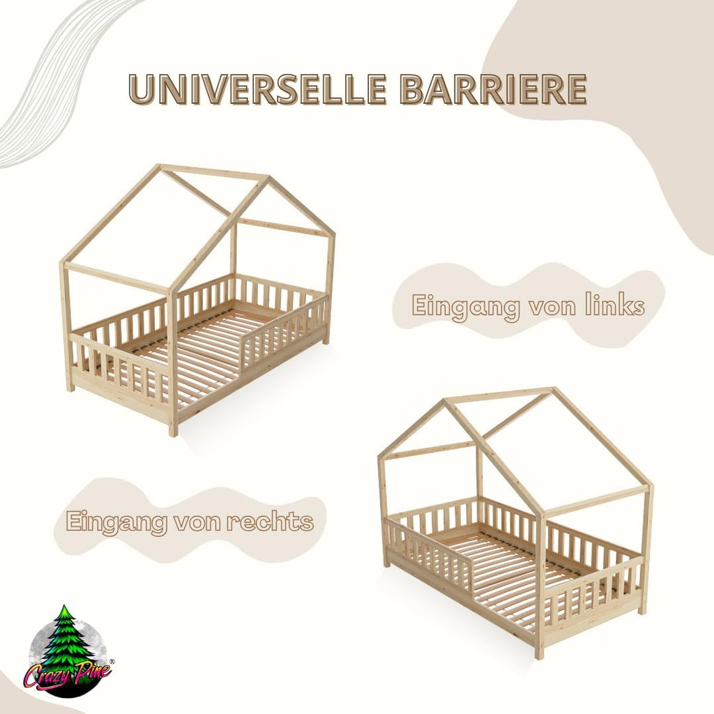 Crazy Pine Hausbett mit Schubladen 200x90 cm – Kinderbett aus Naturholz mit Rausfallschutz – Montessori Bodenbett mit zusätzlichen Stauraum und und Abnehmbarer Barriere - Crazy House