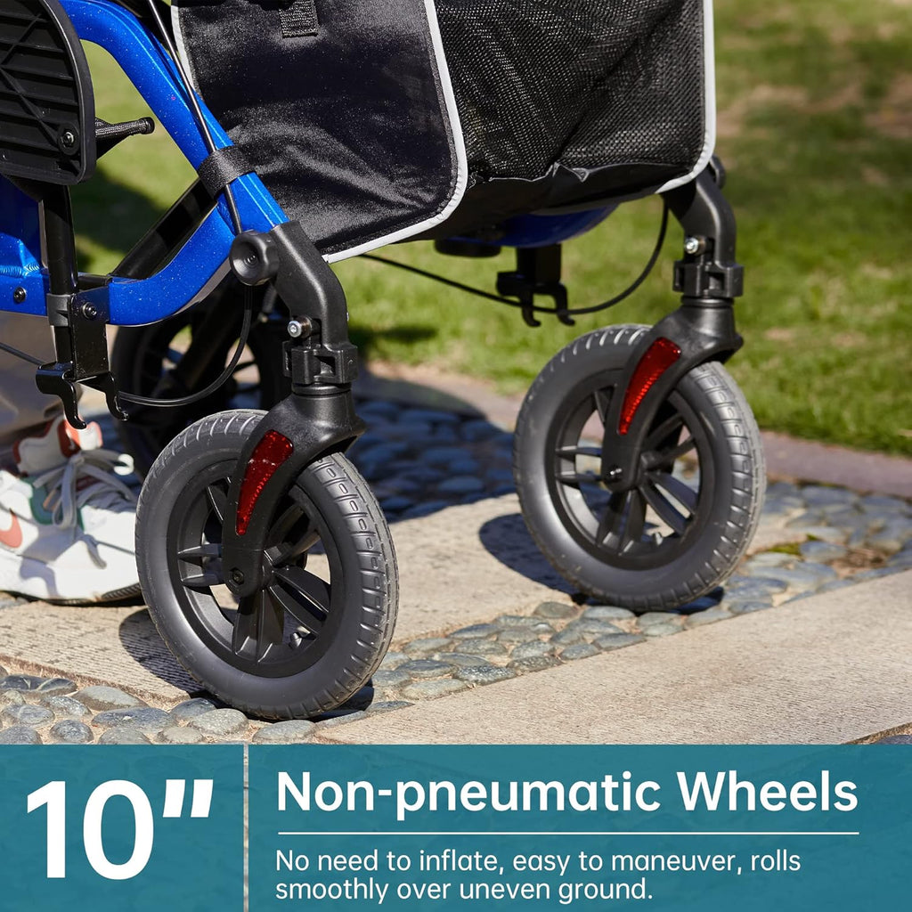 Geländegängiger 2-in-1-Rollator und Transportstuhl, zusammenklappbarer Rollstuhl mit luftlosen 10-Zoll-Rädern für Senioren, umkehrbare Rückenlehne und abnehmbare Fußstützen, blau