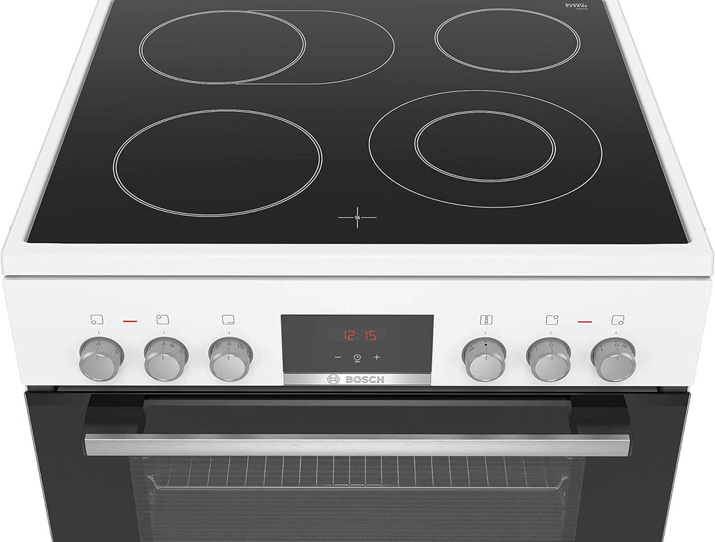 Bosch HKR39C250 Serie 4 Elektro-Standherd, 60 cm breit, EcoClean Direct Reinigungshilfe, 3D Heißluft Backen auf 3 Ebenen, LED-Display-Steuerung, erweiterbare Kochzone für großes Kochgeschirr