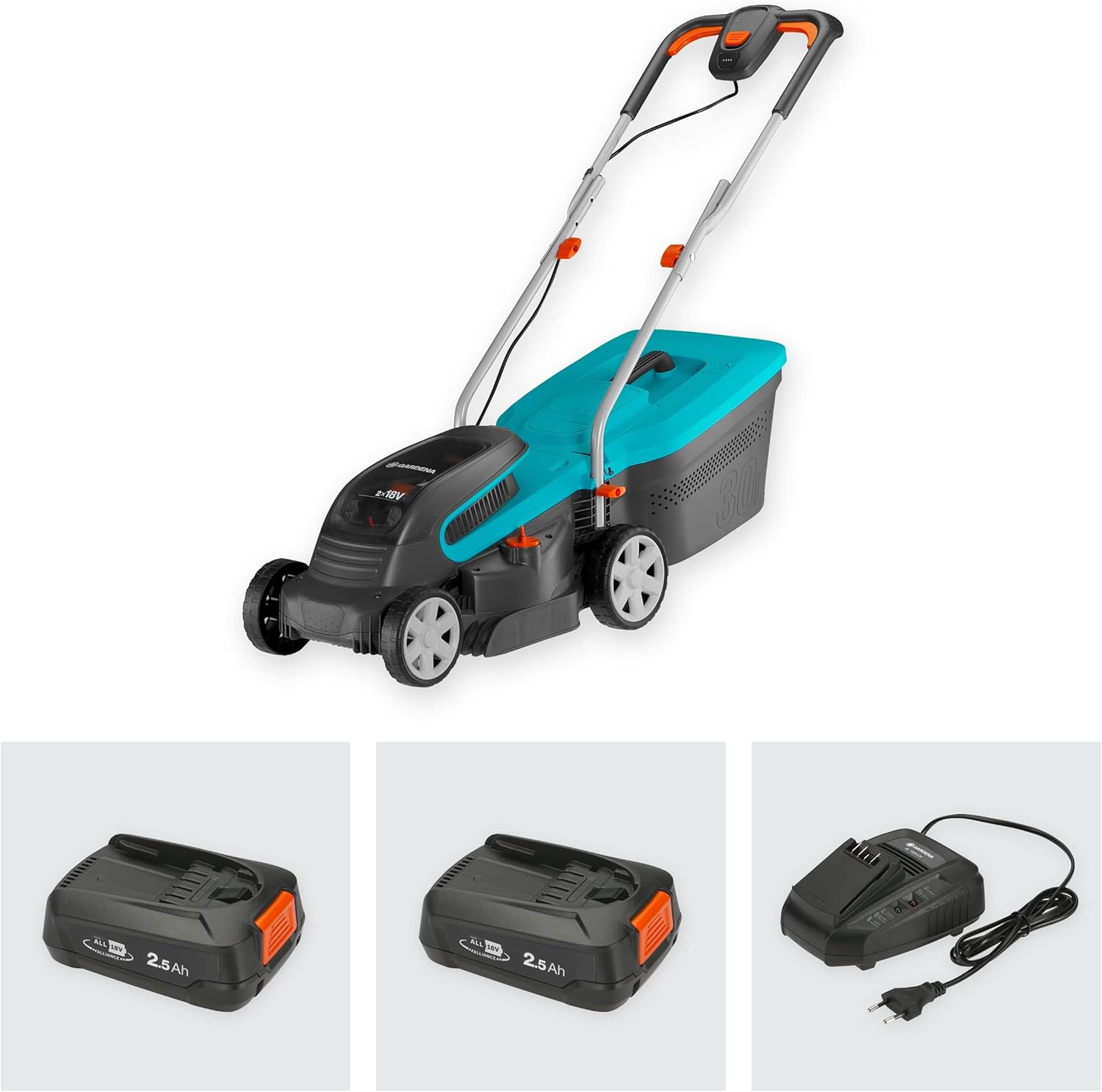 Gardena Akku-Rasenmäher PowerMax 32/36V P4A Ready-to-Use Set: Rasenmäher bis 200 m², 32 cm Schnittbreite, 30 l Fassungsvolumen, Schnitthöhe 20-60 mm, inkl. 2 x 18V P4A Akku (14621-20)