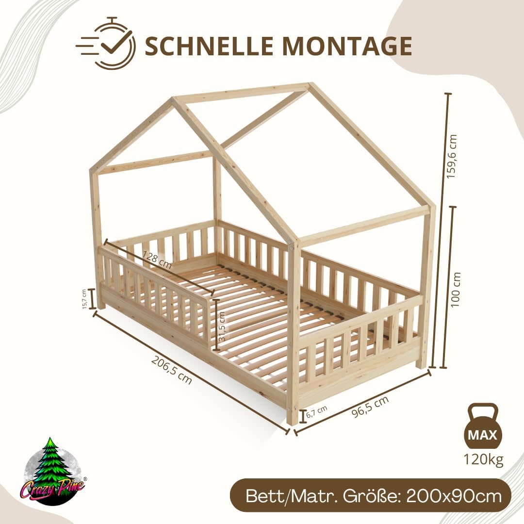 Crazy Pine Hausbett mit Schubladen 200x90 cm – Kinderbett aus Naturholz mit Rausfallschutz – Montessori Bodenbett mit zusätzlichen Stauraum und und Abnehmbarer Barriere - Crazy House