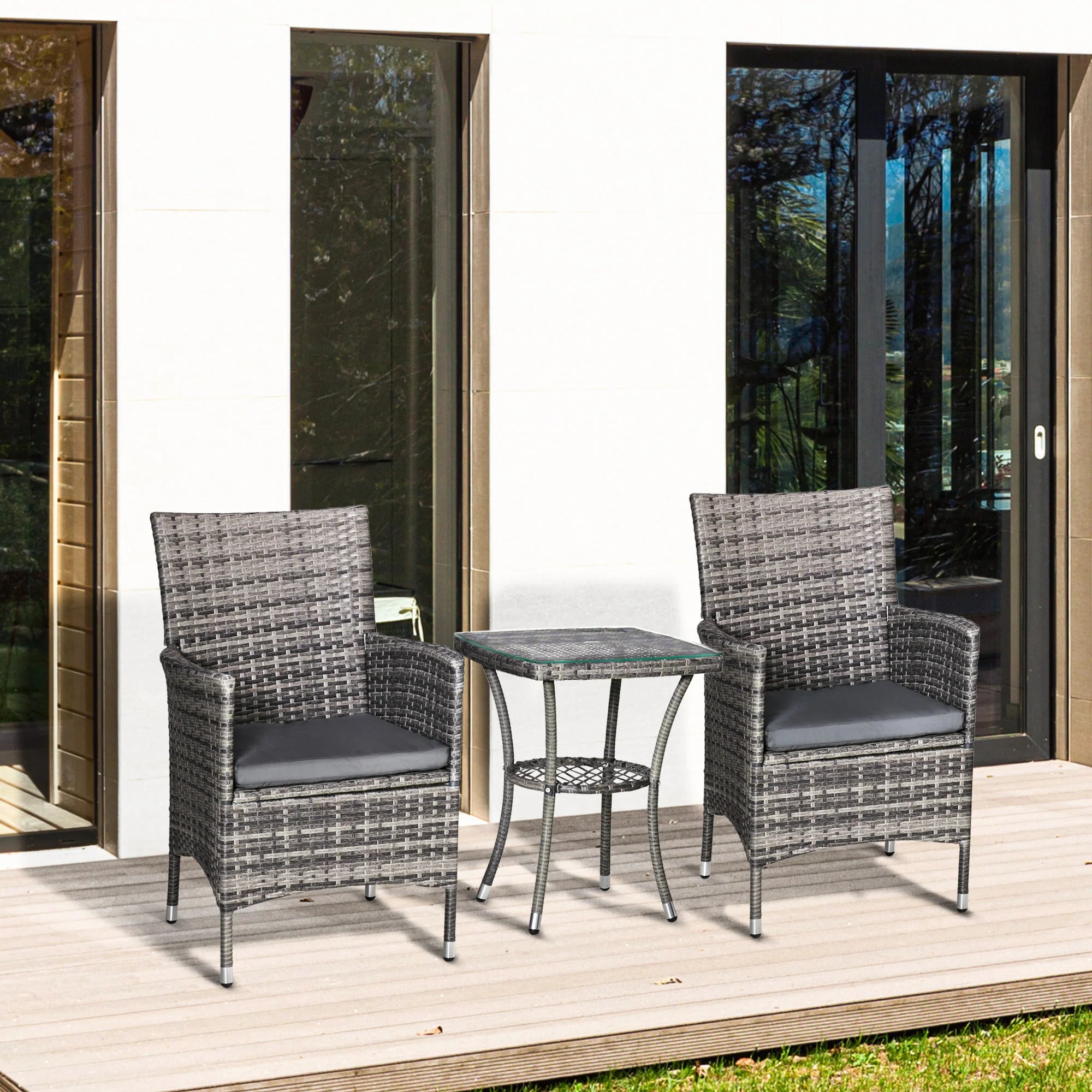 Outsunny Balkonmöbel Set 3-teilig mit Sitzkissen & Glasplatte