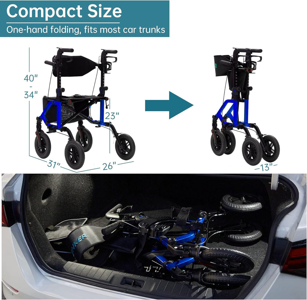Geländegängiger 2-in-1-Rollator und Transportstuhl, zusammenklappbarer Rollstuhl mit luftlosen 10-Zoll-Rädern für Senioren, umkehrbare Rückenlehne und abnehmbare Fußstützen, blau
