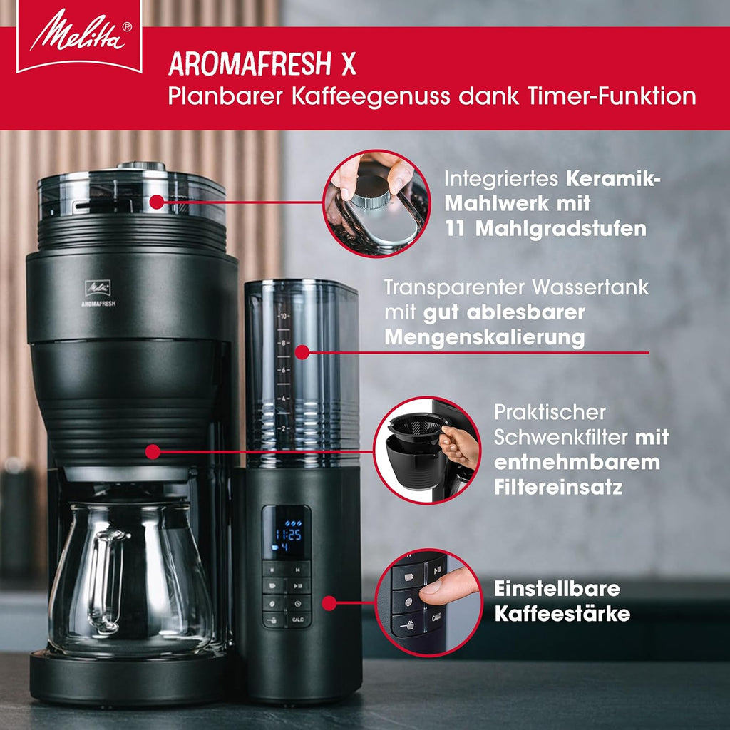 Melitta AromaFresh X - Kaffeemaschine mit Mahlwerk, Filterkaffeemaschine mit Glaskanne und Tropfstopp, für bis zu 10 Tassen Kaffee, schwarz/silber