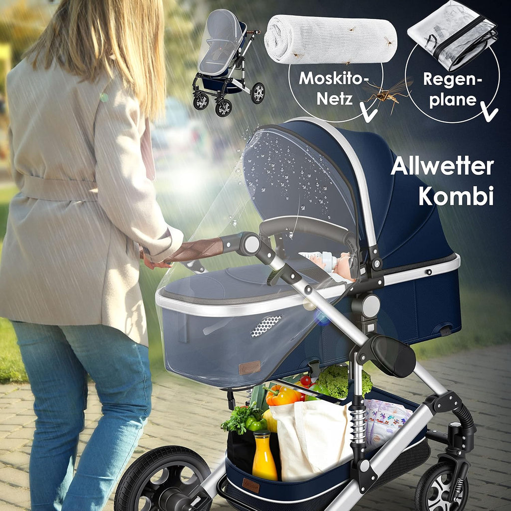 KESSER Loops 3 in 1 Kinderwagen Kombikinderwagen Komplett-Set inkl. Babywanne & Buggy Sportsitz & Auto-Babyschale Voll-Gummireifen Wickeltasche Regenschutz Kindertisch ECE R129, Schwarz/Champagne