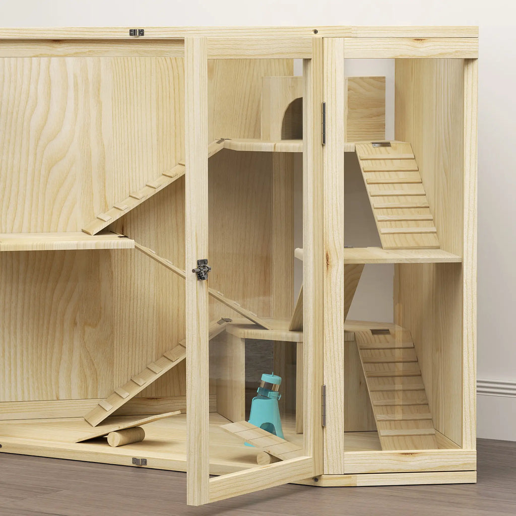 PawHut Hamsterkäfig Holz 4 Ebenen mit Zubehör und Sichtfenster