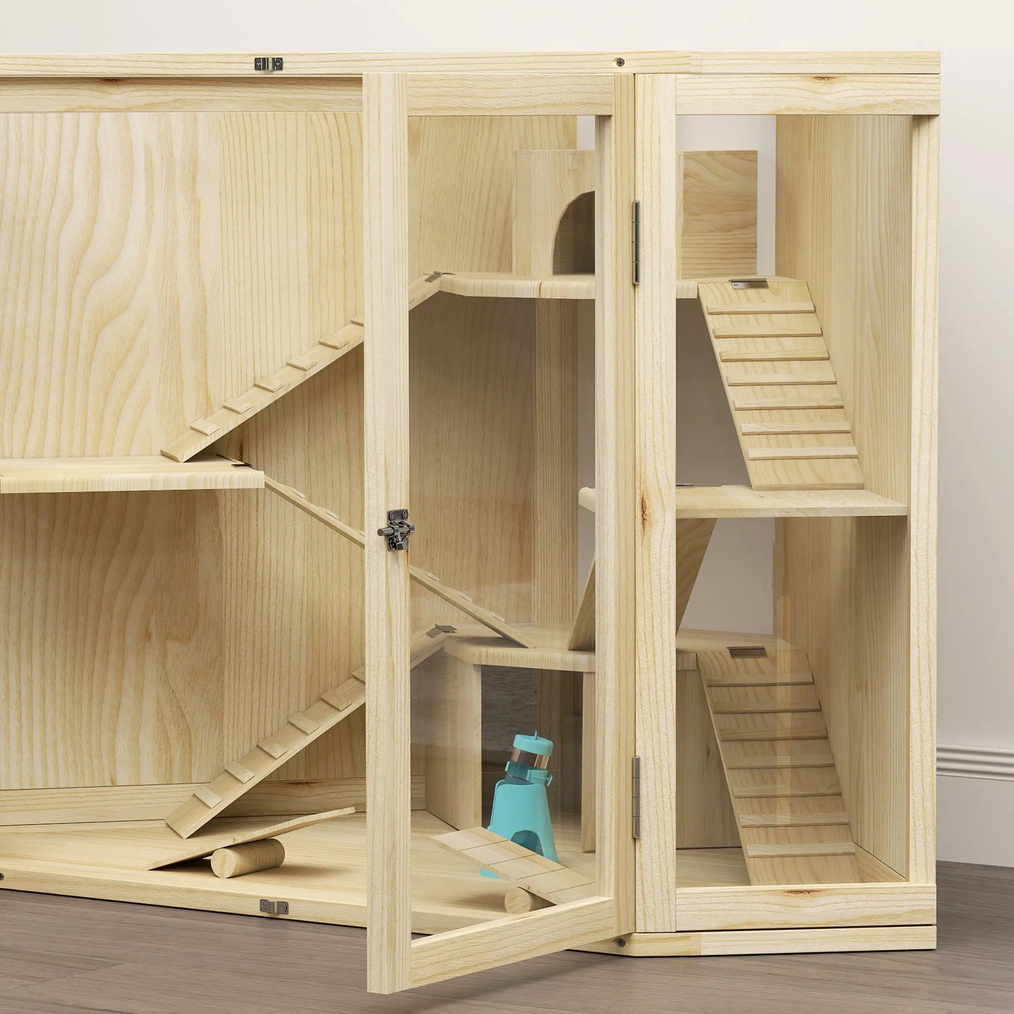 PawHut Hamsterkäfig Holz 4 Ebenen mit Zubehör und Sichtfenster