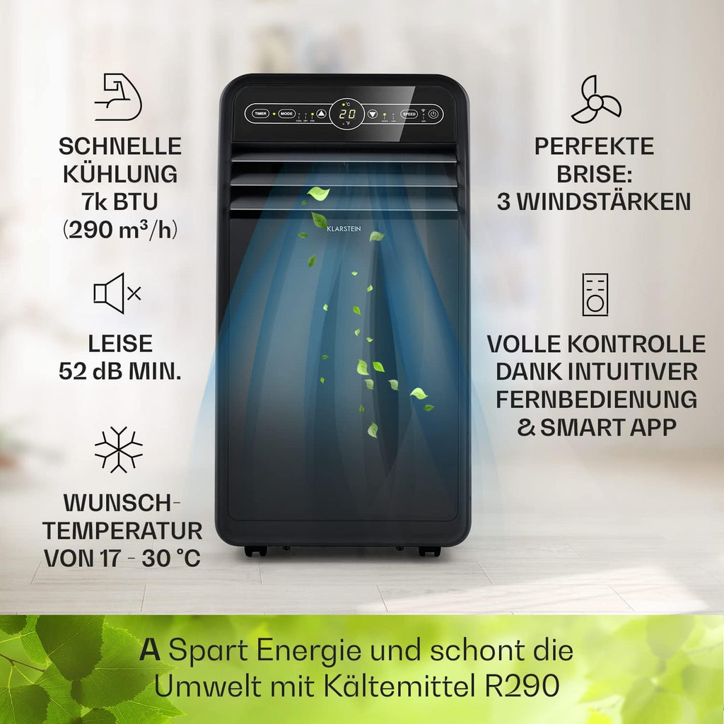 Klarstein Mobile Klimaanlage mit Abluftschlauch, 4-in-1 Klimagerät mit Ventilator, Luftentfeuchter & Nachtmodus, Kleine & Portable Klimaanlage für Wohnung & Büro, App-Steuerung, 12000 BTU