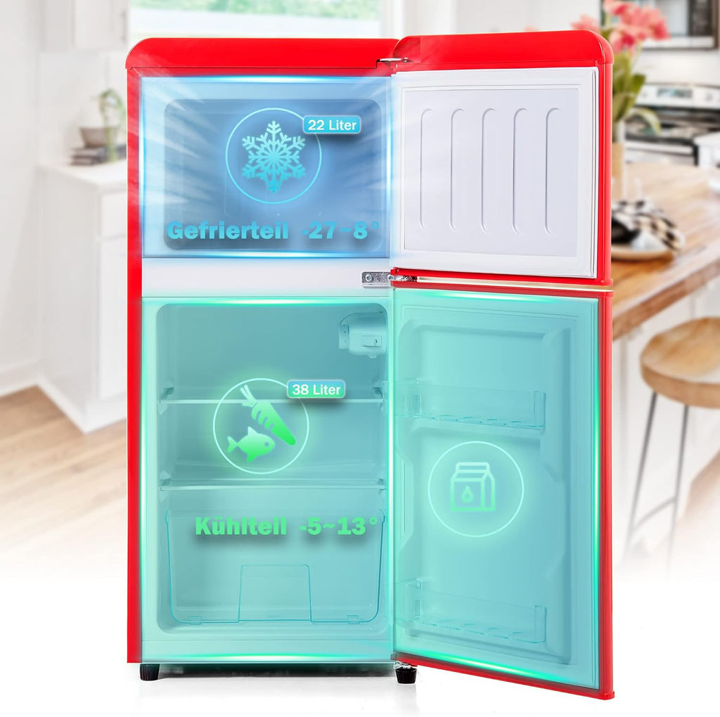 Merax Kühlschrank mit Gefrierfach, Kühl-Gefrierkombination, klein Kühlschrank mit 51L und Gefrierschrank 21L, Leise, LED, Glasablagen, Gemüsefach, Türablagen, für Küche, Wohnzimmer, Büro, Schwarz