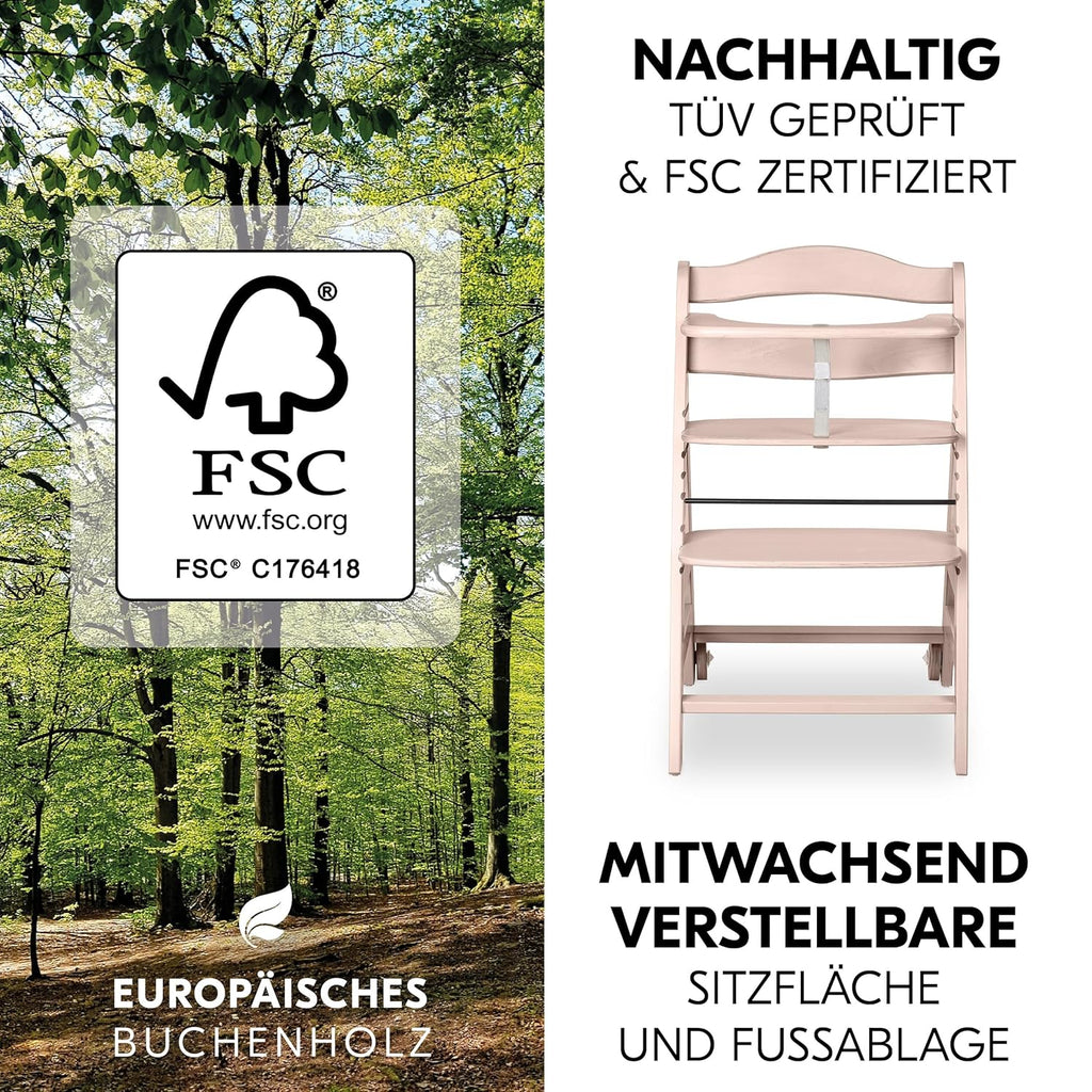 hauck Hochstuhl Beta+ Newborn Set Eco Bouncer - mitwachsender Holz Babyhochstuhl ab Geburt, inkl. Neugeborenenaufsatz, Sitzpolster und Essbrett - Dark Grey