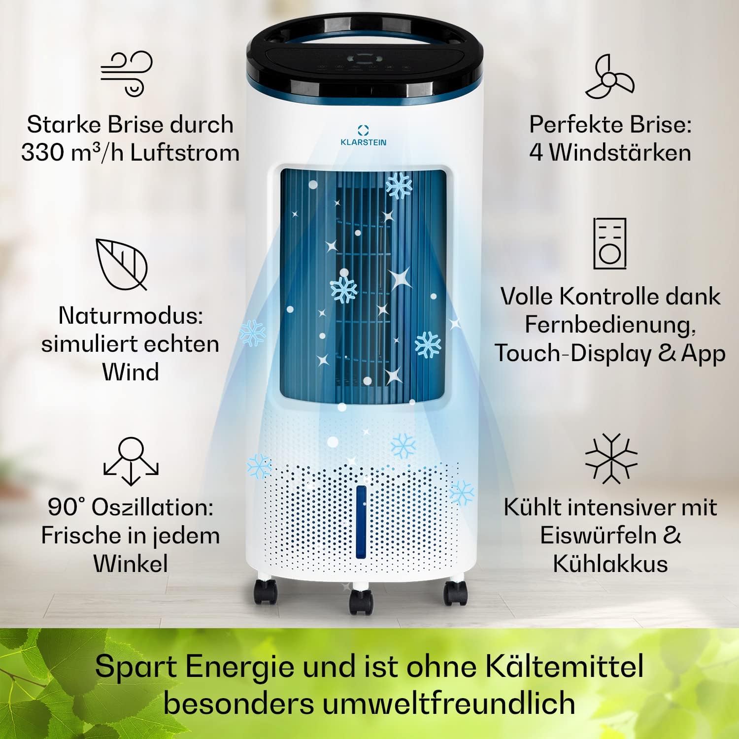 Klarstein Luftkühler mit Wasserkühlung, Leiser 4-in-1 Verdunstungskühler, Luftbefeuchter, Ventilator & Nachtmodus, Mobile Klimageräte Luftkühler 7L, 65W Air Cooler, 330m³/h Kühlender Luftstrom