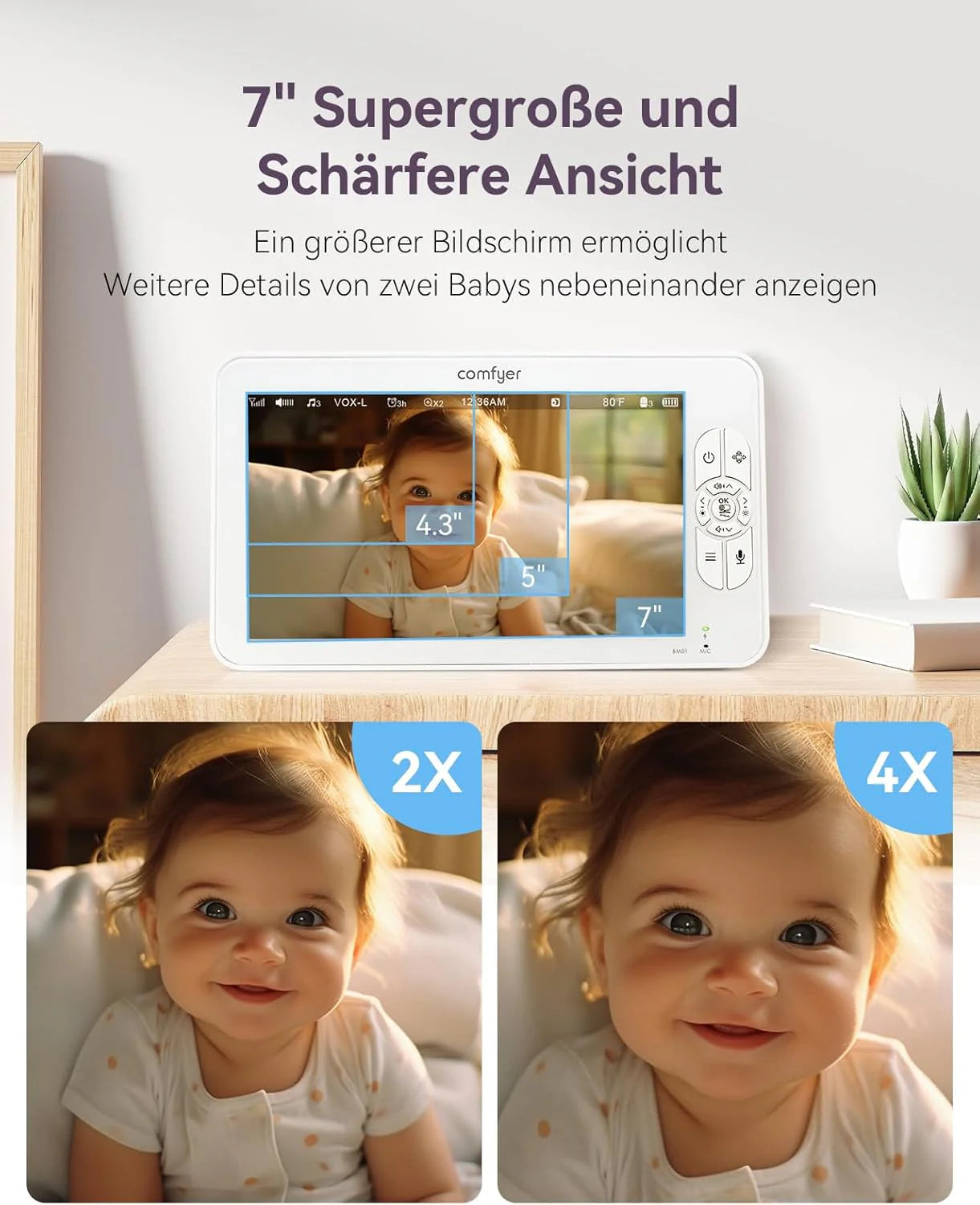 Comfyer Split-Screen Babyphone mit 2 Kameras, 7 HD 720P Video Babyphone ohne WLAN mit Halterung, IR-Nachtsicht Weitwinkelobjektiv Vox-Modus 2-Wege-Audio 960 Fuß Reichweite Videoüberwachungsgeräte