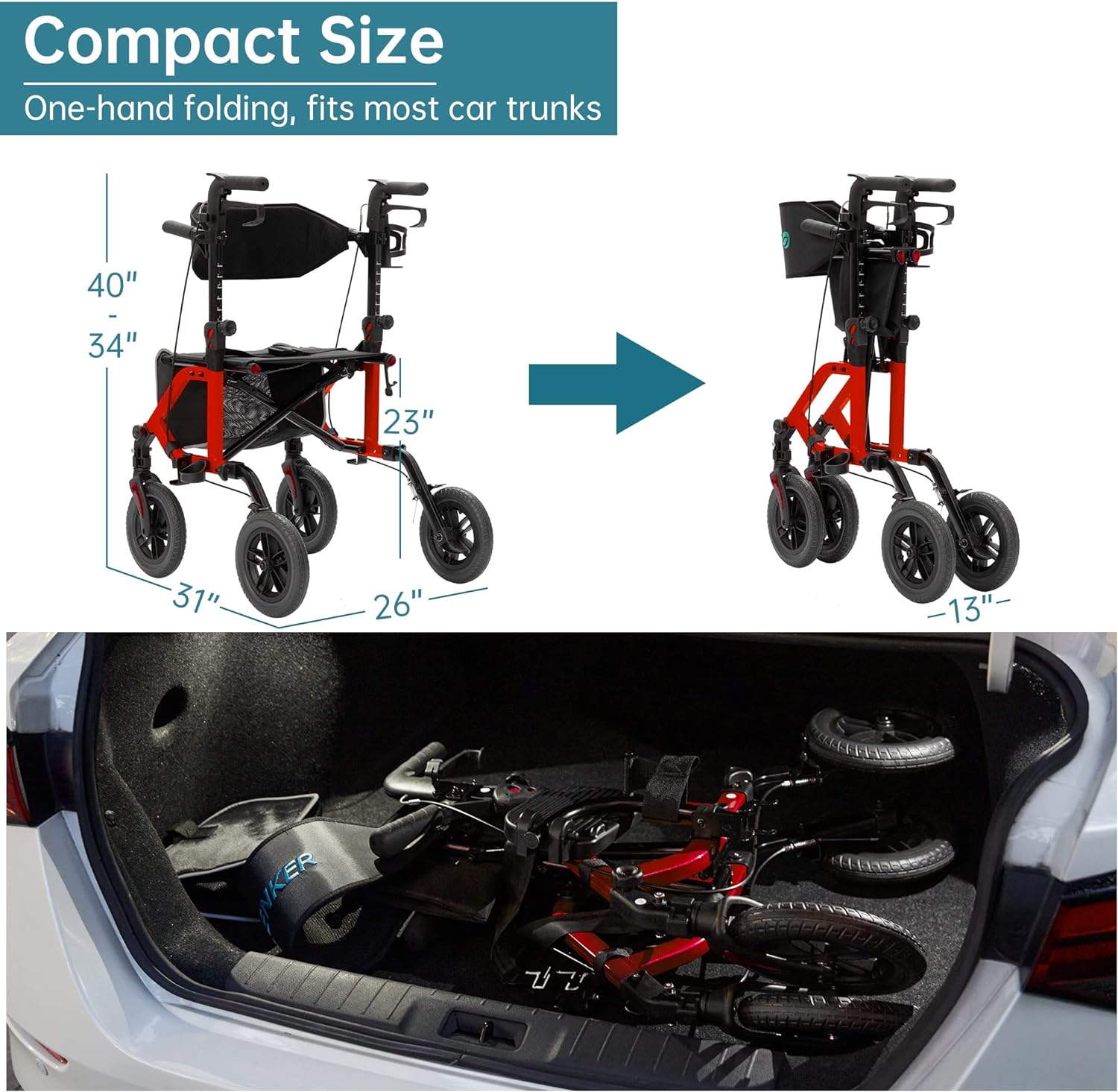 Geländegängiger 2-in-1-Rollator und Transportstuhl, zusammenklappbarer Rollstuhl mit luftlosen 10-Zoll-Rädern für Senioren, umkehrbare Rückenlehne und abnehmbare Fußstützen, blau