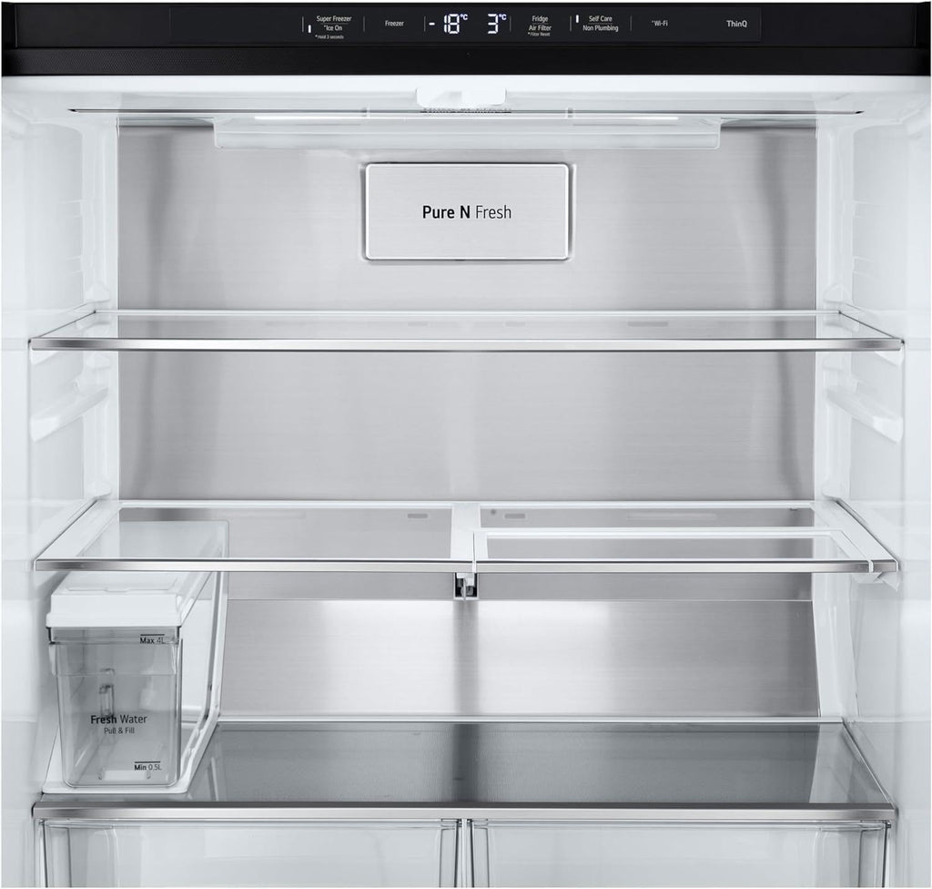 LG GMG861EPAE InstaView SLIM Multi-Door, Klasse E, 508 L, Kühlschrank mit Gefrierfach, Eis-, Crushed Ice- Wasserspender mit UVnano, Total NoFrost, Smart Inverter Kompressor, Wi-Fi, Farbe Matte Black
