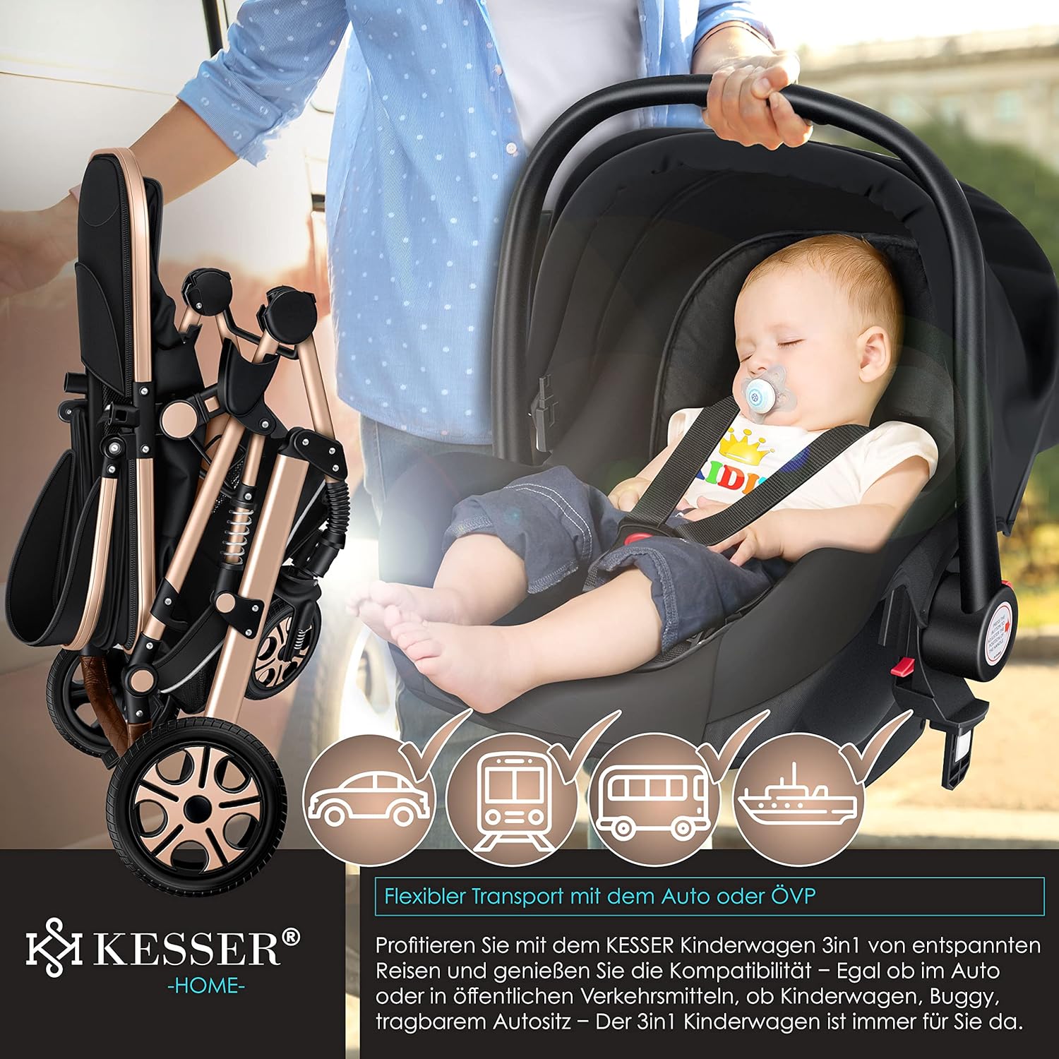 KESSER Loops 3 in 1 Kinderwagen Kombikinderwagen Komplett-Set inkl. Babywanne & Buggy Sportsitz & Auto-Babyschale Voll-Gummireifen Wickeltasche Regenschutz Kindertisch ECE R129, Schwarz/Champagne