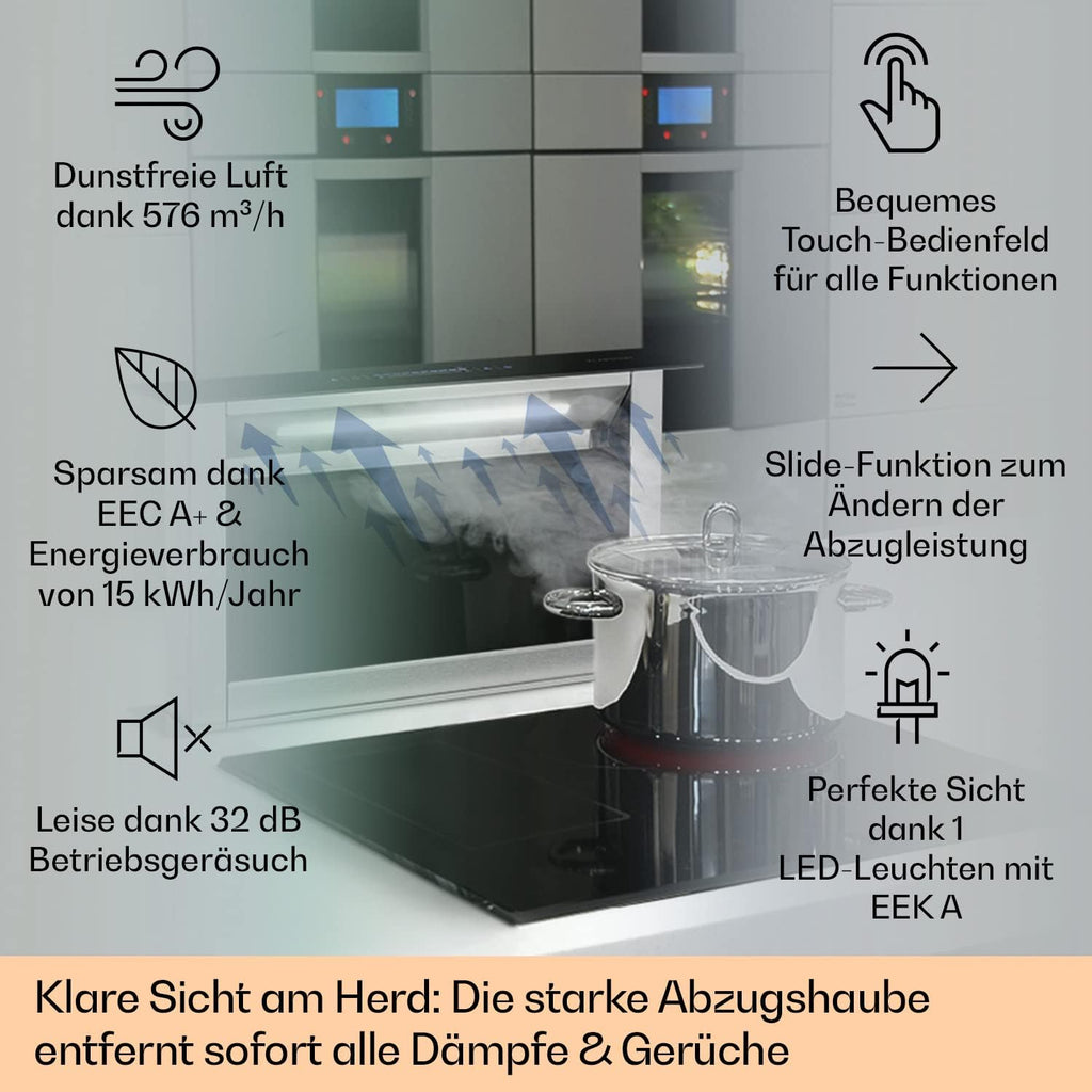 Klarstein Downdraft-Dunstabzugshaube, Versenkbare Abzugshaube, Leise Dunstabzugshauben mit Filter, Dunstabzugshaube 60cm, Umluft/Abluft Dunsthaube mit 10 Stufen, Dunstabzug 576 m³/h Luftstrom
