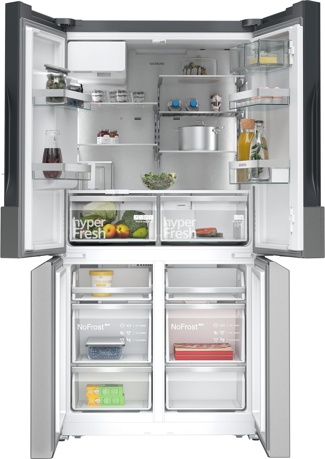 SIEMENS KF96NVPEA iQ300 Multi-Door-Kühlschrank, 183 x 91 cm, 405 L Kühlen & 200 L Gefrieren, hyperFresh längere Frische, noFrost nie wieder abtauen, superCooling schnellere Kühlung