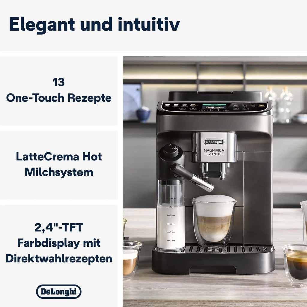 De'Longhi Magnifica Evo Next ECAM312.80.TB, Kaffeevollautomat mit 13 Getränken (Cappuccino, Espresso, Latte Macchiato), 2,4'' TFT Farbdisplay, LatteCrema Milchsystem, 2-Tassen-Funktion, Titan