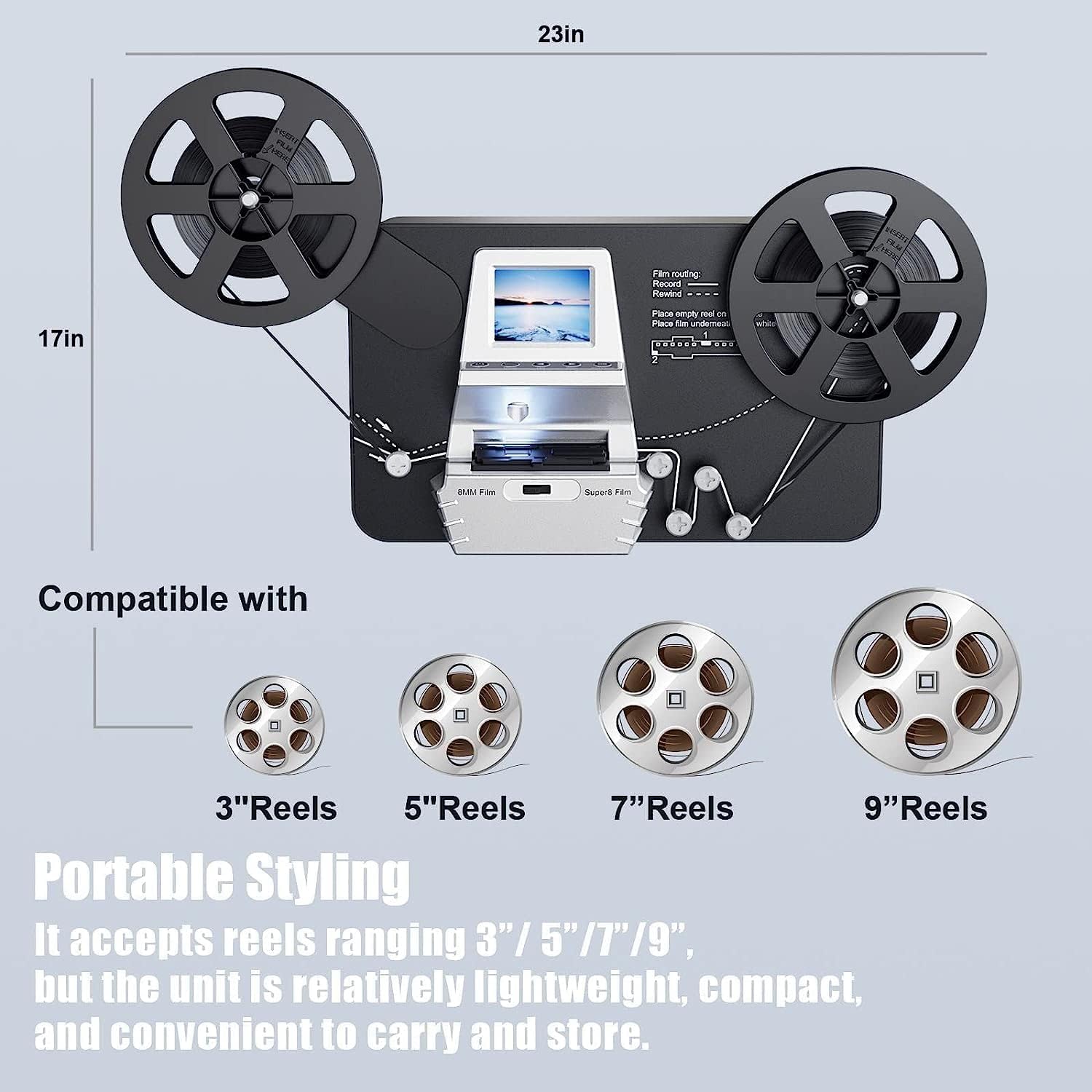 Super 8 Film Scanner, Converts Film in Digitales Video(3, 5, 7 und 9 Super 8/8 mm Film Rollen) MovieMaker/Film Digitizer, Super 8 Digitalisieren, mit 32 GB Speicherkarte und 2,4 LCD