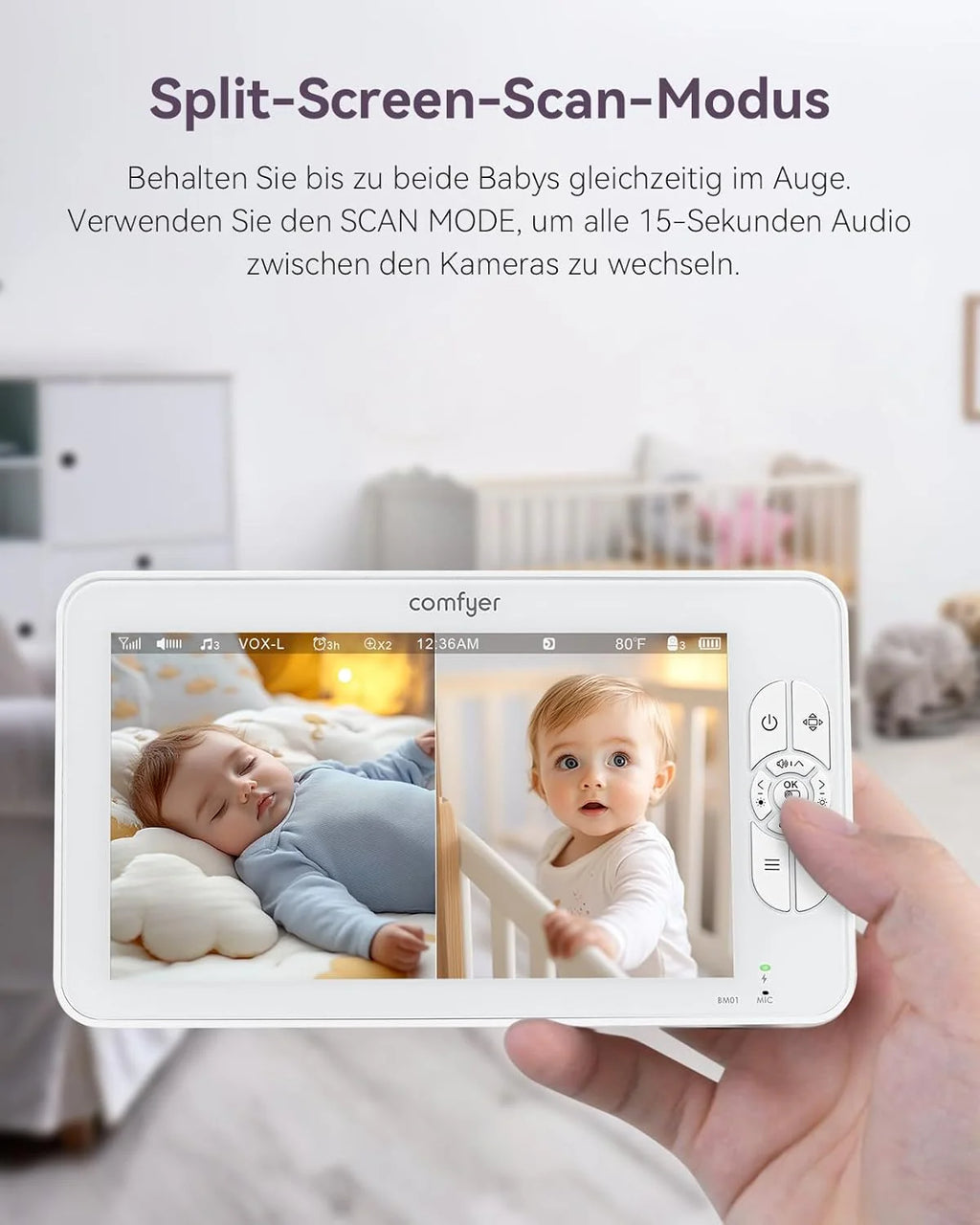 Comfyer Split-Screen Babyphone mit 2 Kameras, 7 HD 720P Video Babyphone ohne WLAN mit Halterung, IR-Nachtsicht Weitwinkelobjektiv Vox-Modus 2-Wege-Audio 960 Fuß Reichweite Videoüberwachungsgeräte