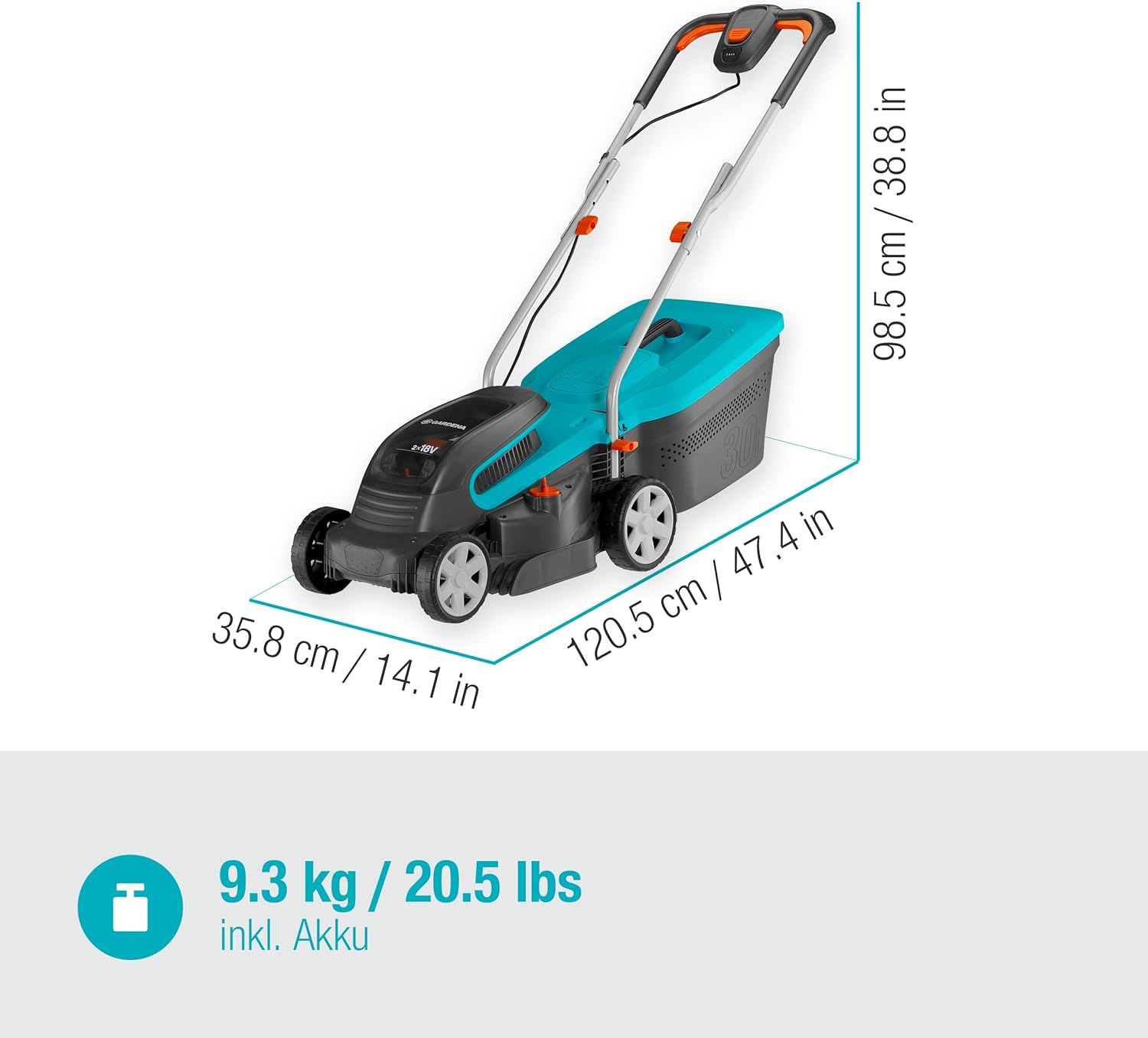 Gardena Akku-Rasenmäher PowerMax 32/36V P4A Ready-to-Use Set: Rasenmäher bis 200 m², 32 cm Schnittbreite, 30 l Fassungsvolumen, Schnitthöhe 20-60 mm, inkl. 2 x 18V P4A Akku (14621-20)