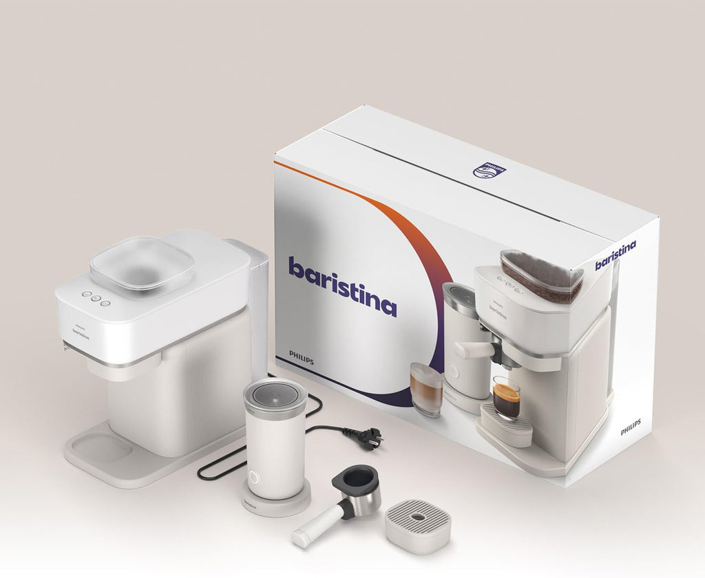 Philips Baristina Espressomaschine - Real Espresso- made simple. Kompakte Kaffeemaschine- Naturweiß mit weißem Siebträger- 16-bar-Pumpendruck- automatisches Mahlwerk- Cafe Crema (BAR300/00)