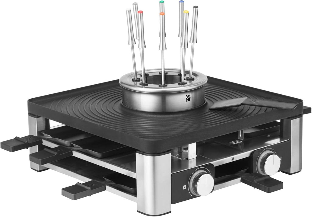WMF Lumero 3in1 Gourmet Station für 8 Personen, Raclette Fondue Kombi, elektrisch, Temperaturregulierung, Beleuchtung, 1800 Watt, platzsparend, edelstahl matt