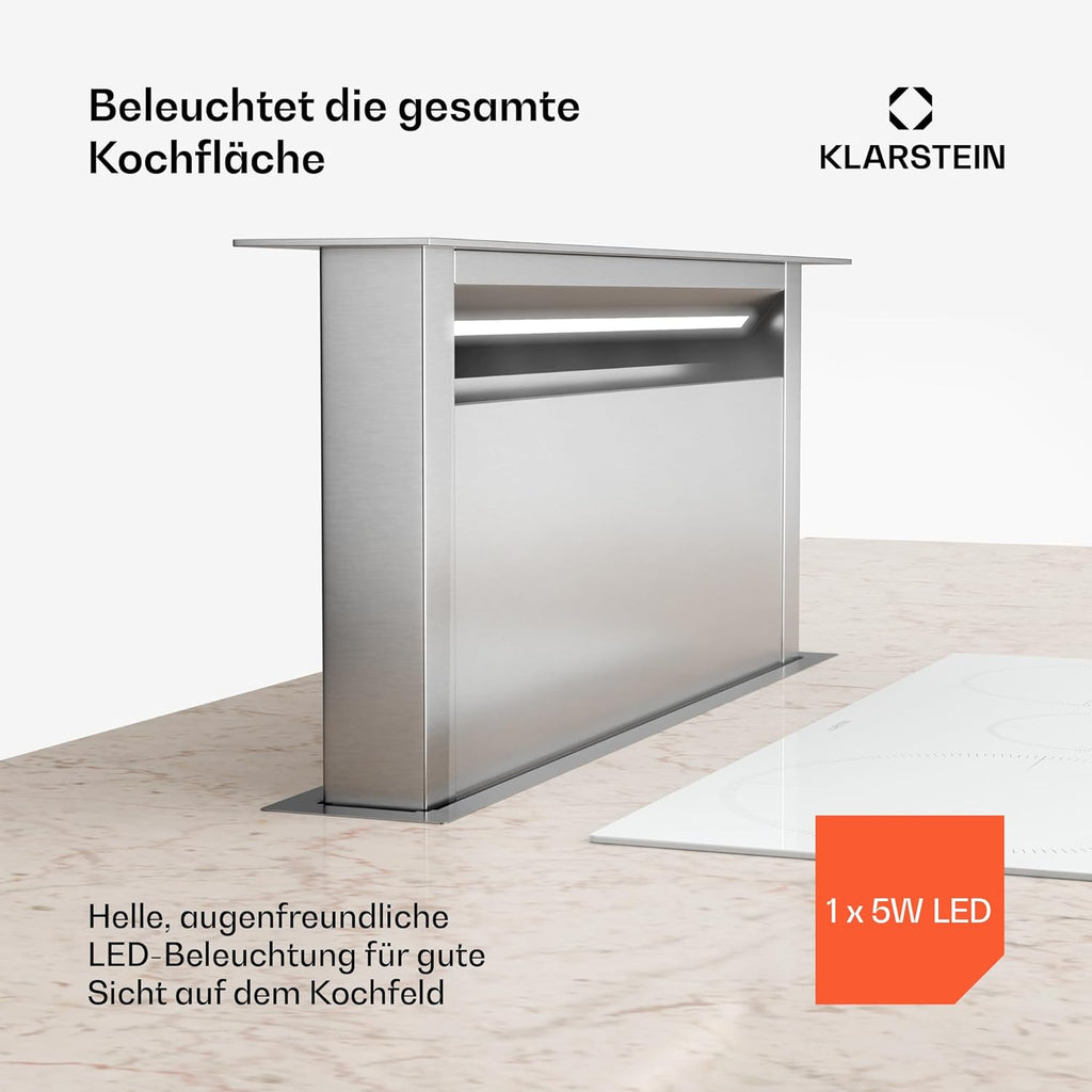 Klarstein Downdraft-Dunstabzugshaube, Versenkbare Abzugshaube, Leise Dunstabzugshauben mit Filter, Dunstabzugshaube 60cm, Umluft/Abluft Dunsthaube mit 10 Stufen, Dunstabzug 576 m³/h Luftstrom