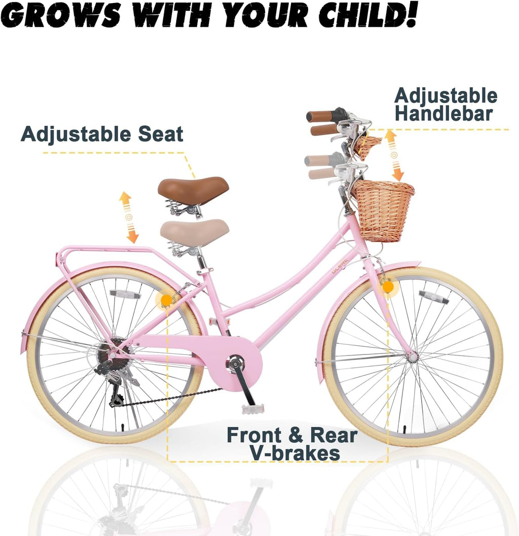 Glerc Missy 20 24 26 Zoll Mädchen City 6-Gang Hybrid Cruiser Fahrrad mit Weidenkorb für Jugend über 6-Jahre alt, mehrere Farben