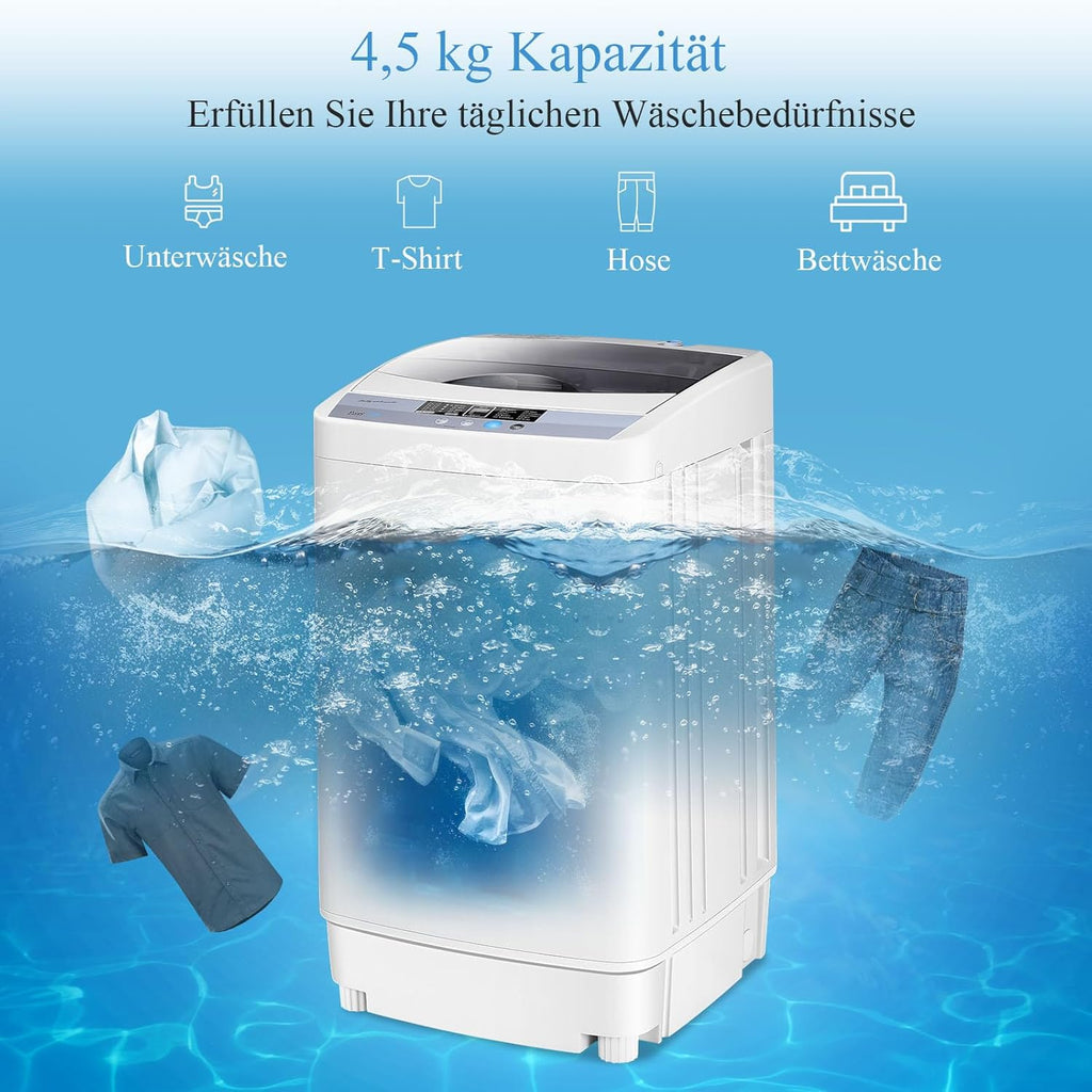 RELAX4LIFE 4,5 kg Vollautomatische Waschmaschine, Waschvollautomat mit Pumpe & Schleuder, Toplader Miniwaschmaschine mit LED-Display & 10 Programmauswahl, 310W/240W, 50 x 50 x 85 cm, Grau