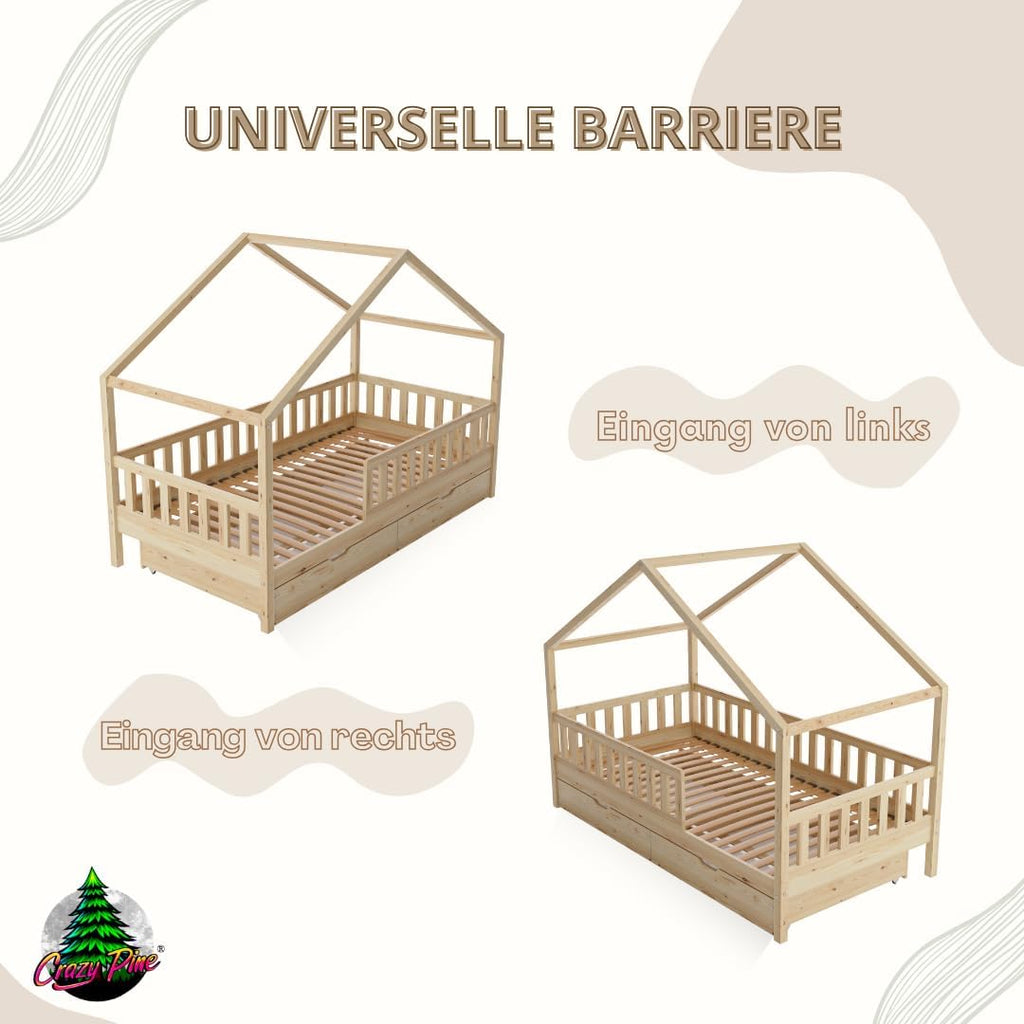 Crazy Pine Hausbett mit Schubladen 200x90 cm – Kinderbett aus Naturholz mit Rausfallschutz – Montessori Bodenbett mit zusätzlichen Stauraum und und Abnehmbarer Barriere - Crazy House