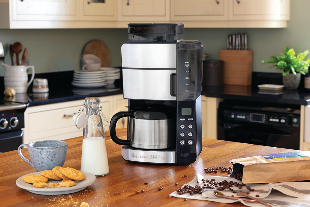 Russell Hobbs Kaffeemaschine mit Mahlwerk Thermokanne [Digitaler Timer, Brausekopf für opt. Extraktion & Aroma] Grind&Brew (max 10 Tassen, 3-stufige Mahlgradeinstellung) Filterkaffeemaschine 25620-56
