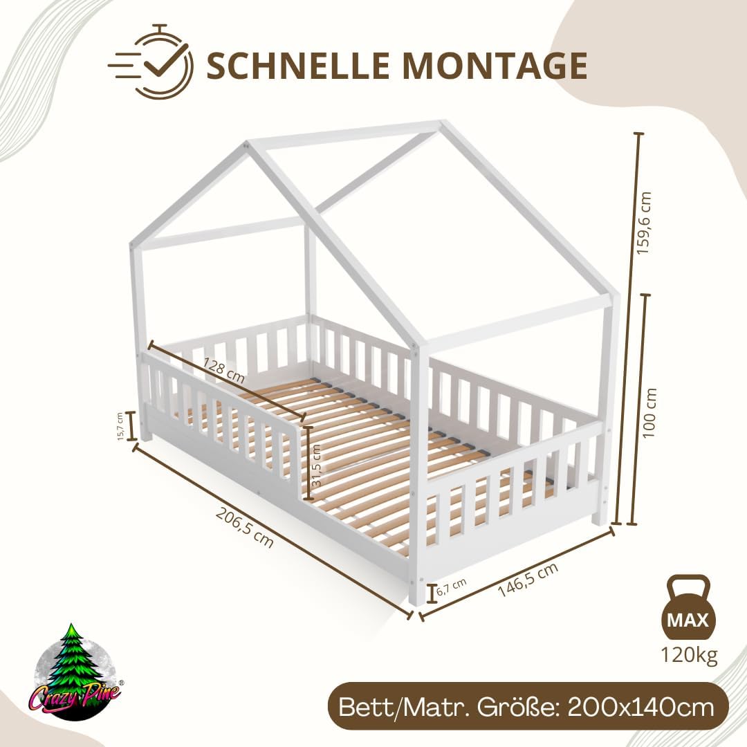 Crazy Pine Hausbett mit Schubladen 200x90 cm – Kinderbett aus Naturholz mit Rausfallschutz – Montessori Bodenbett mit zusätzlichen Stauraum und und Abnehmbarer Barriere - Crazy House