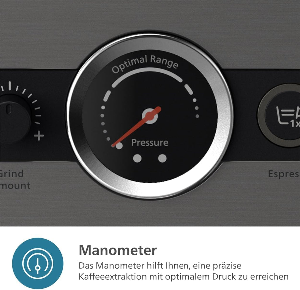 Philips Barista Brew Halbautomatische Espressomaschine - Einfacher & doppelter Espresso + Americano Taste, 250g Bohnenbehälter, Intuitive Führung, Kalibriertes Stampfen, Metall Silber (PSA3218/01)