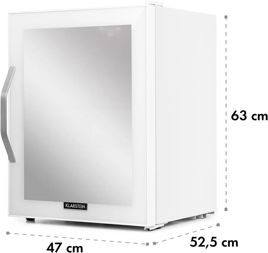 Klarstein Mini Kühlschrank mit Glastür für Zimmer, Getrnkekühlschrank mit Verstellbaren Ablagen, Kleiner 80 Liter, Indoor/Outdoor Kühlschrank Leise