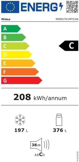 Midea KS-DDX 6.32 WT Side-by-Side Kühl-/Gefrierkombination/ 178,8 cm Hhe/ 254 kWh/Jahr/No Frost/Dual Inverter Compressor/mit 3in1 Wasser-/Eisspender und Wassertank, Dark Inox