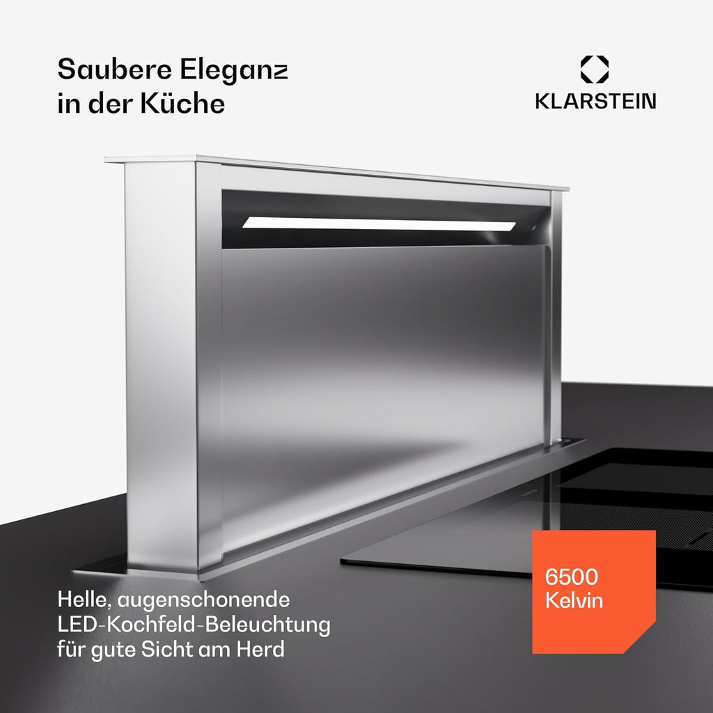 Klarstein Downdraft-Dunstabzugshaube, Versenkbare Abzugshaube, Leise Dunstabzugshauben mit Filter, Dunstabzugshaube 60cm, Umluft/Abluft Dunsthaube mit 10 Stufen, Dunstabzug 576 m³/h Luftstrom