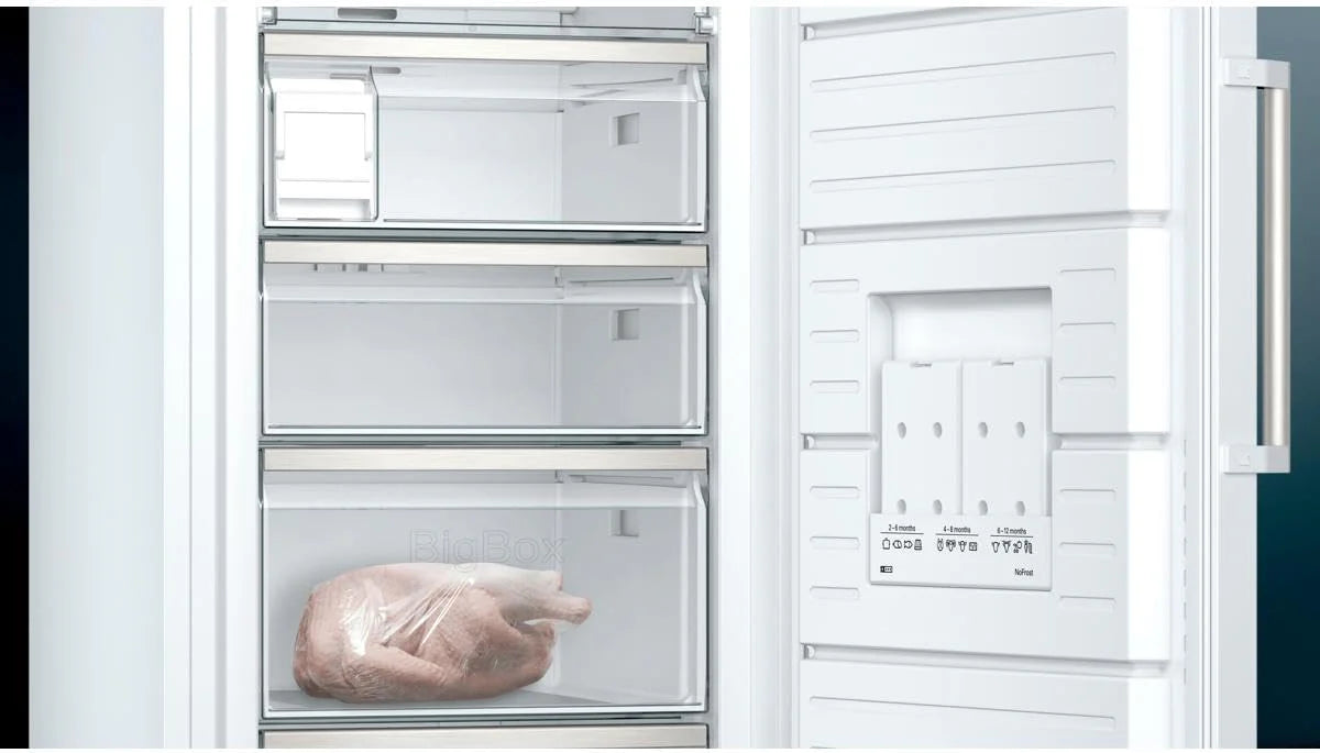 Siemens GS54NAWCV iQ500 Gefrierschrank, 176 x 70 cm, 327 L, noFrost nie wieder abtauen, bigBox Platz für großes Gefriergut, varioZone flexible Glas-und Schubladen, Weiß