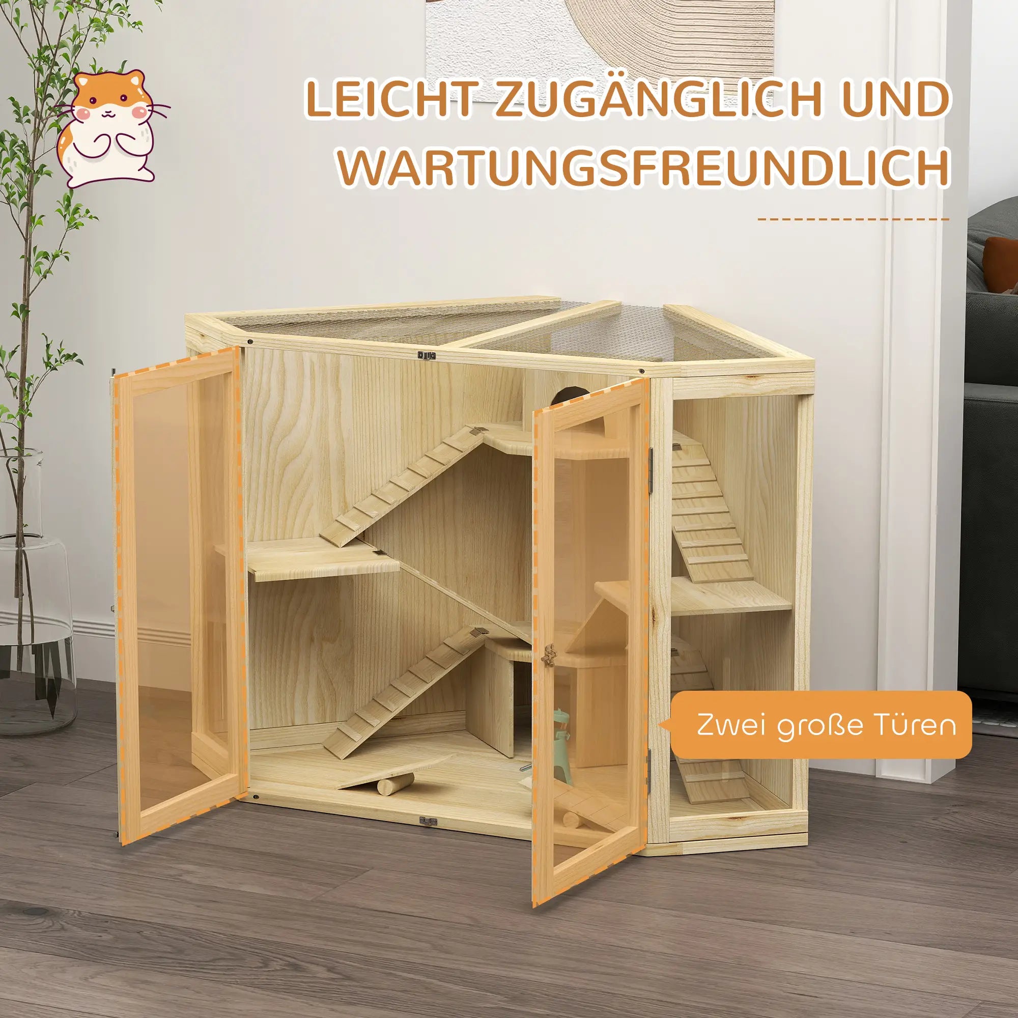 PawHut Hamsterkäfig Holz 4 Ebenen mit Zubehör und Sichtfenster