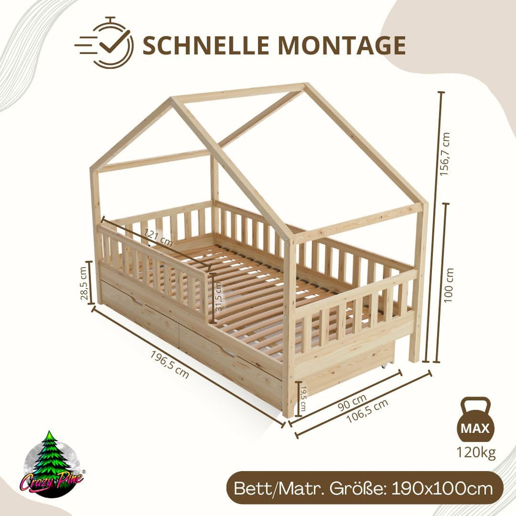 Crazy Pine Hausbett mit Schubladen 200x90 cm – Kinderbett aus Naturholz mit Rausfallschutz – Montessori Bodenbett mit zusätzlichen Stauraum und und Abnehmbarer Barriere - Crazy House