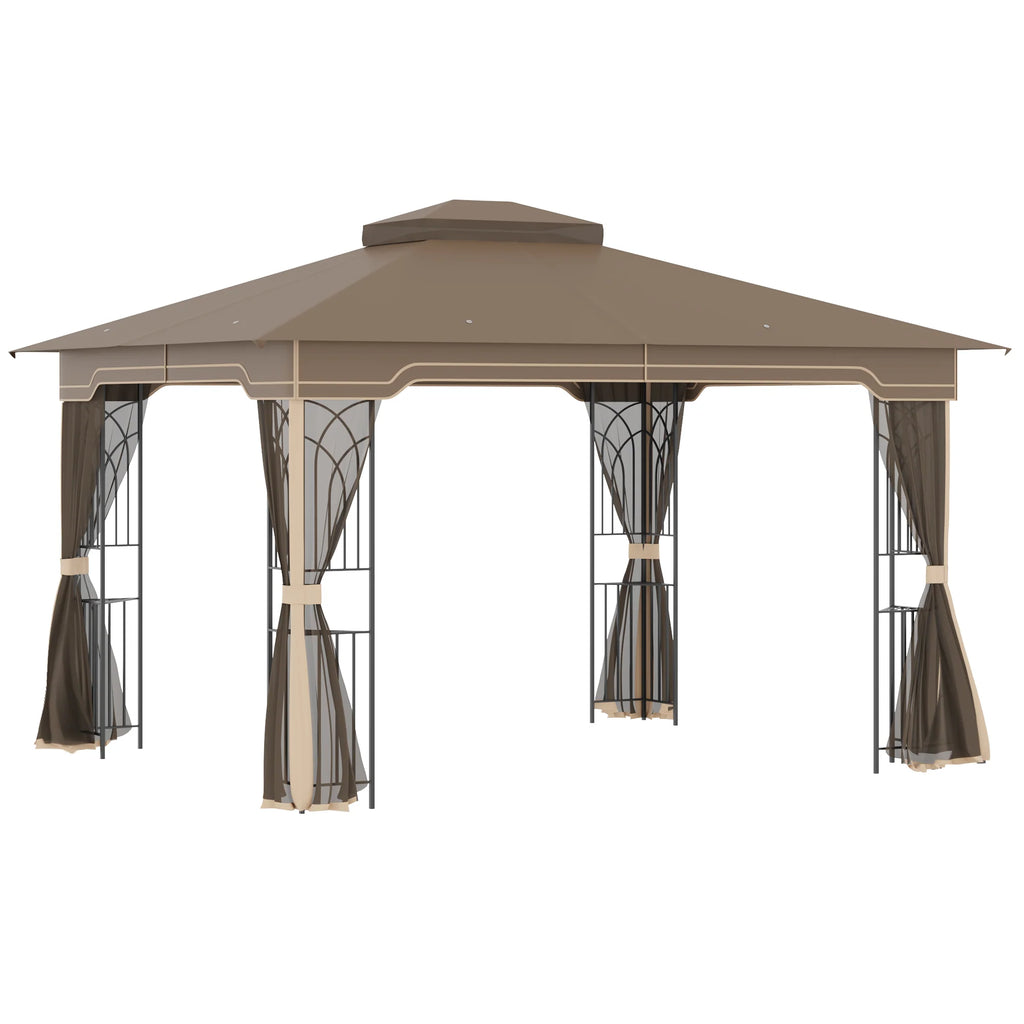Outsunny Gartenpavillon 3,65 × 3 m mit Doppeldach & Moskitonetz – Braun/Beige
