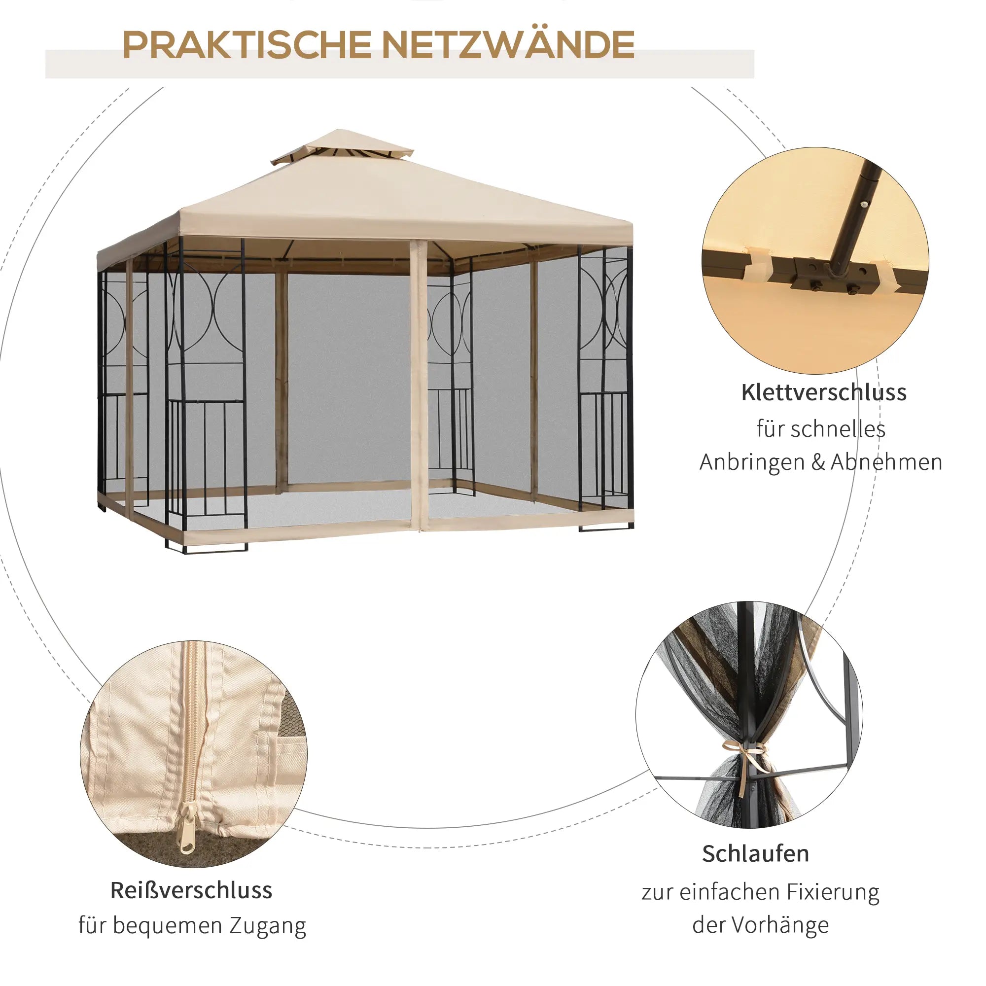Outsunny Gartenpavillon Doppeldach mit Ablagen und Netz-Seitenwänden