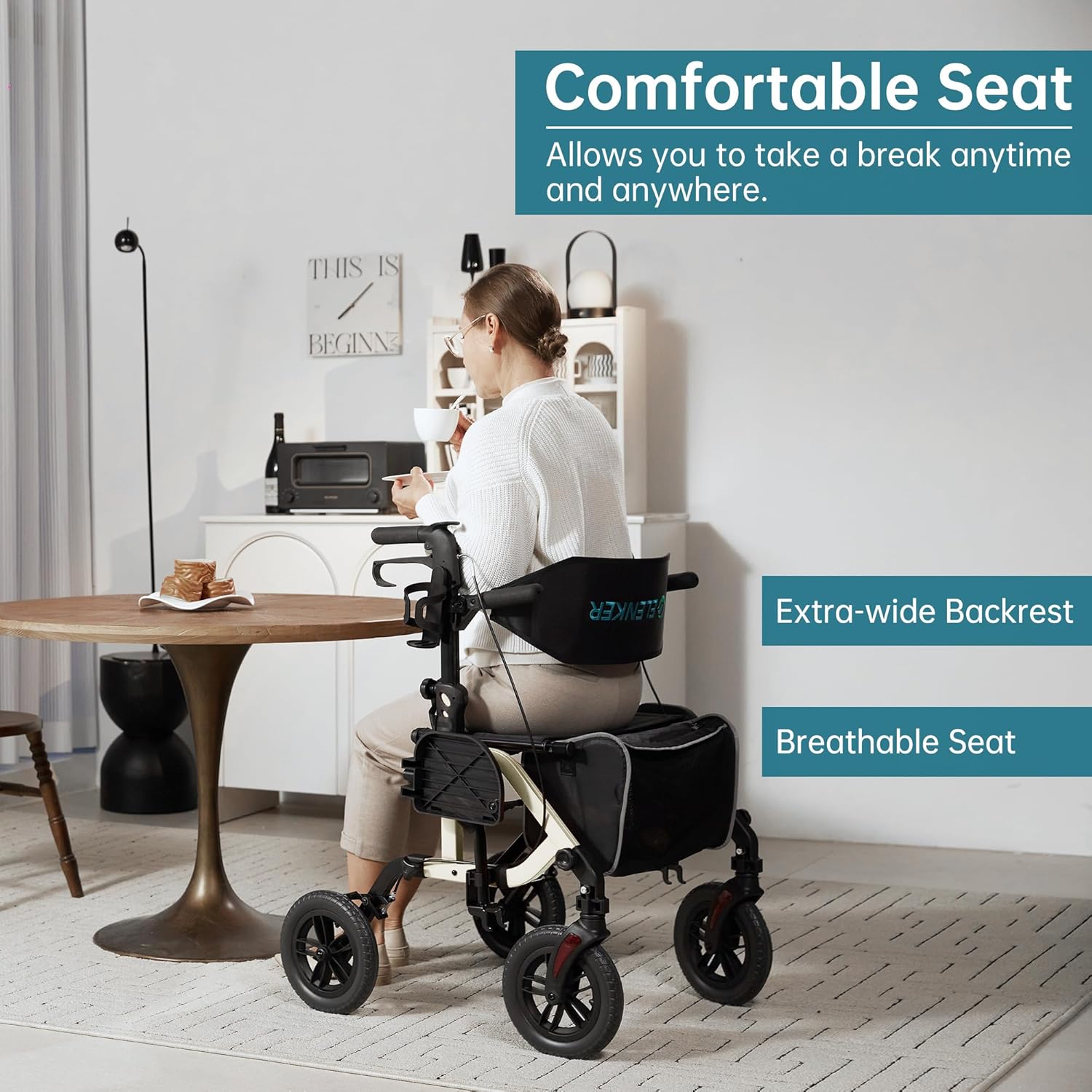 Geländegängiger 2-in-1-Rollator und Transportstuhl, zusammenklappbarer Rollstuhl mit luftlosen 10-Zoll-Rädern für Senioren, umkehrbare Rückenlehne und abnehmbare Fußstützen, blau
